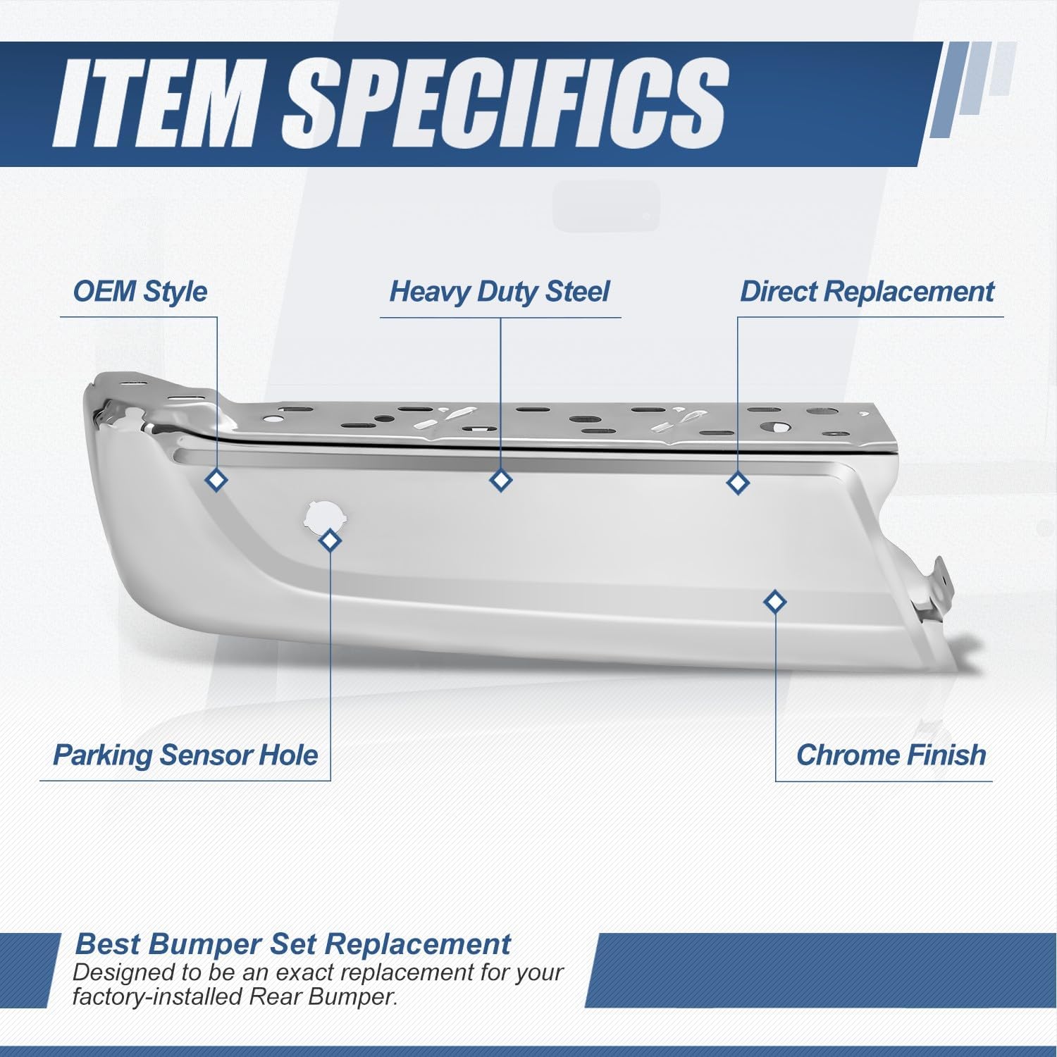 Auto Dynasty Rear Bumper End Cap Compatible with 2021 2022 2023 2024 Ford F-150, Driver Left Side Bumper End Replacement with Park Sensor Hole, FO1102400, Smooth Chrome Steel