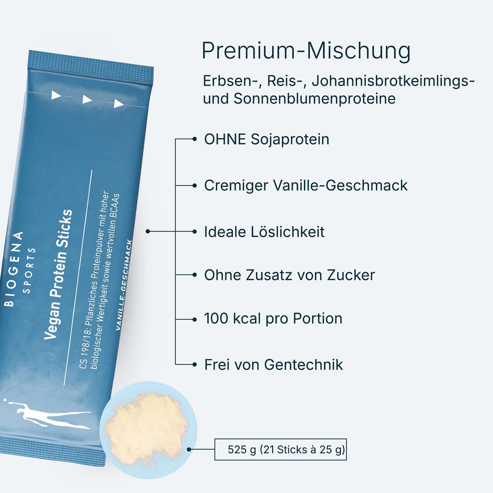 BIOGENA SPORTS Vegan Protein Sticks - 20g Eiweiß pro Stick- Vanille-Geschmack - Ohne Soja ohne Zuckerzusatz - Veganes Proteinpulver für unterwegs - Made in Austria - 525g