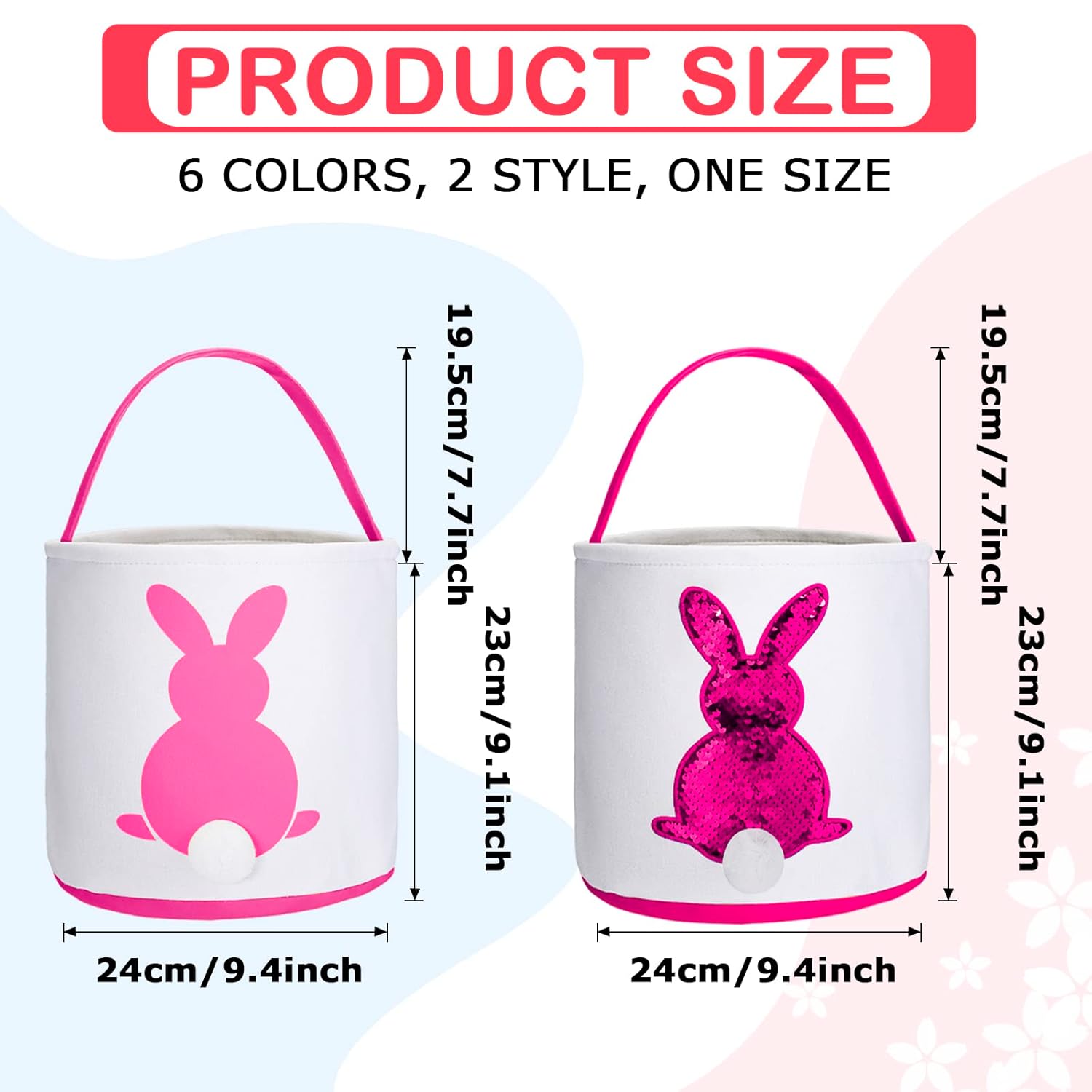 Jexine 12 Pcs Easter Bunny Basket Bags Bulk for Kids Gift Bucket Easter Eggs Hunt Basket with Handle Rabbit Fluffy Tails Bunny Tote Bag Bucket for Spring Party(Classic Color,Matte, Sequin)