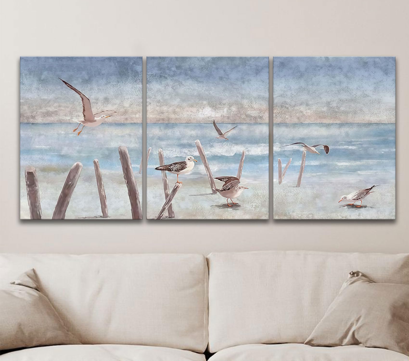 Framed Coastal Seagull Wall Art 3 Piece Canvas Prints of Beach Seabirds Ocean Landscape – Seaside Watercolor Poster Picture Painting for Living Room, Bathroom, or Bedroom Décor – Ready to Hang 12x16IN