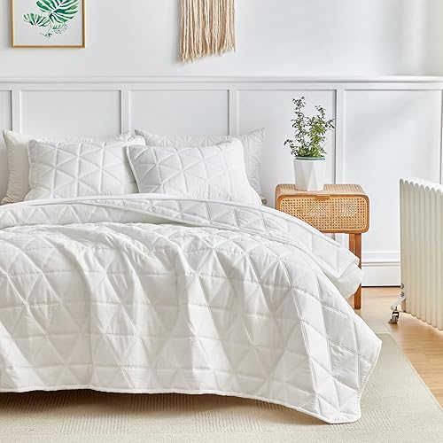 Miniatura 6 de Juego de edredón blanco tamaño matrimonialqueen de 3 piezas (1 edredón y 2 fundas de almohada), juego de edredón acolchado clásico con patrón