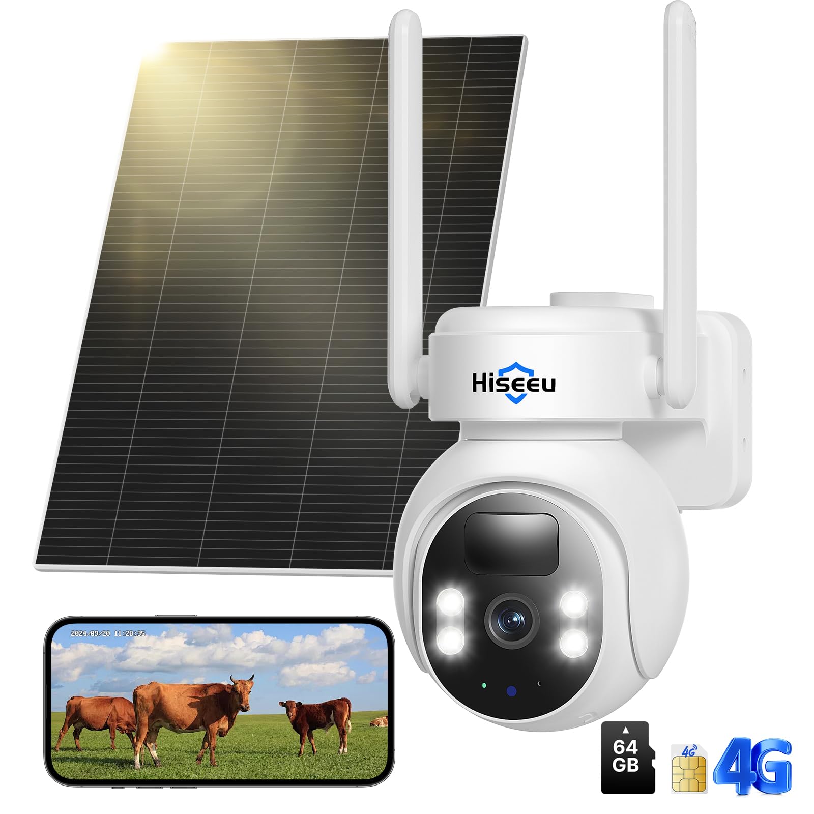 Hiseeu 4G LTE Cellular Security Camera Solar Powered, No WiFi Security Cameras Wireless Outdoor, PIR Motion, 2 Way Talk, 360° PTZ, 2K Color Night Vision, 64G SD & SIM Card Included