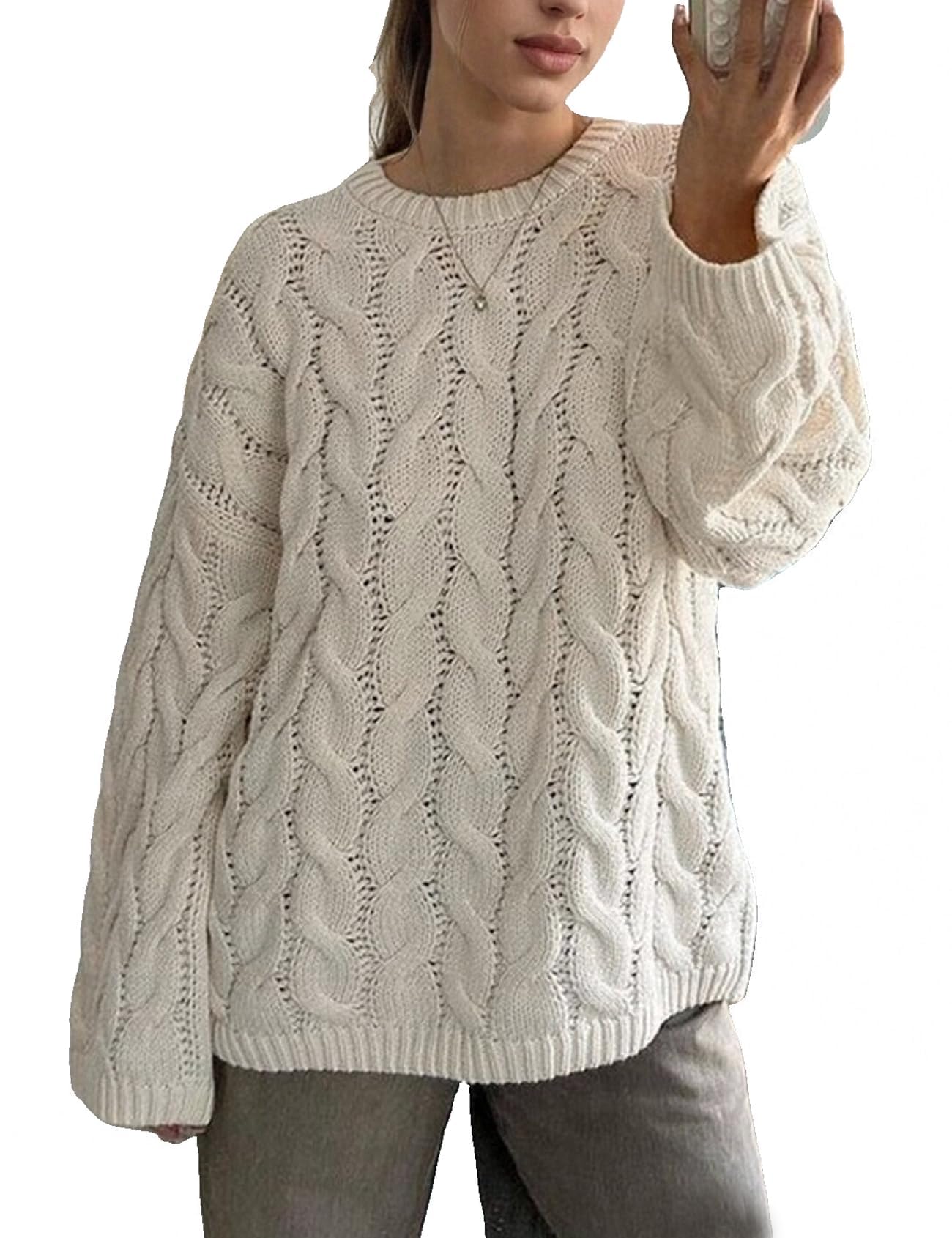Womens Oversized Cable Knit Sweater Crewneck 2025 Fall Chunky Pullover Sweaters Top Casual Loose Trendy Knit Outfit