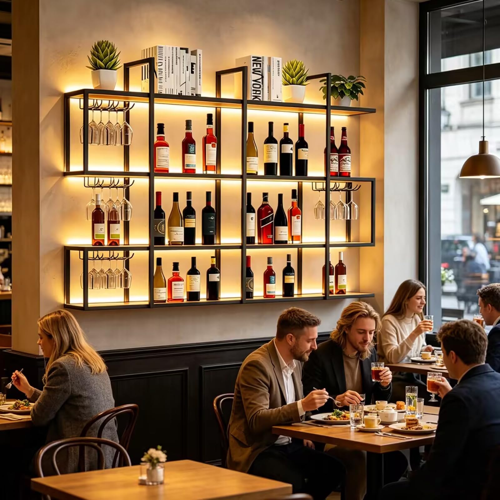 180cm Scaffale per vino a 4 livelli da parete con luci LED, mensola industriale per bottiglie di liquori, ripiani metallici per bar con portabicchieri, decorazione murale per sala da pranzo