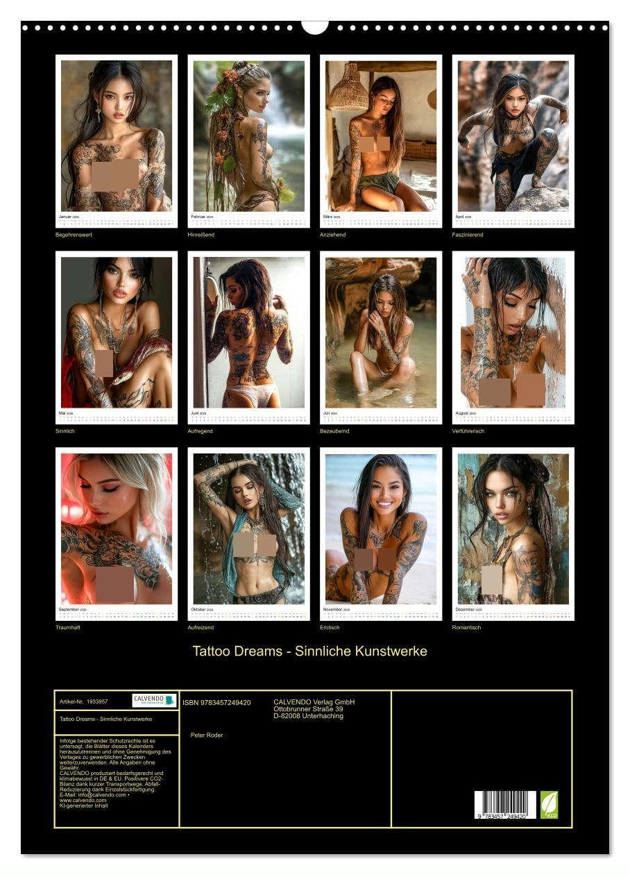 Tattoo Dreams - Sinnliche Kunstwerke (Wandkalender 2026 DIN A2 hoch), CALVENDO Monatskalender: Erotische Frauen verzaubern mit sexy Tatoos. (CALVENDO Erotik)