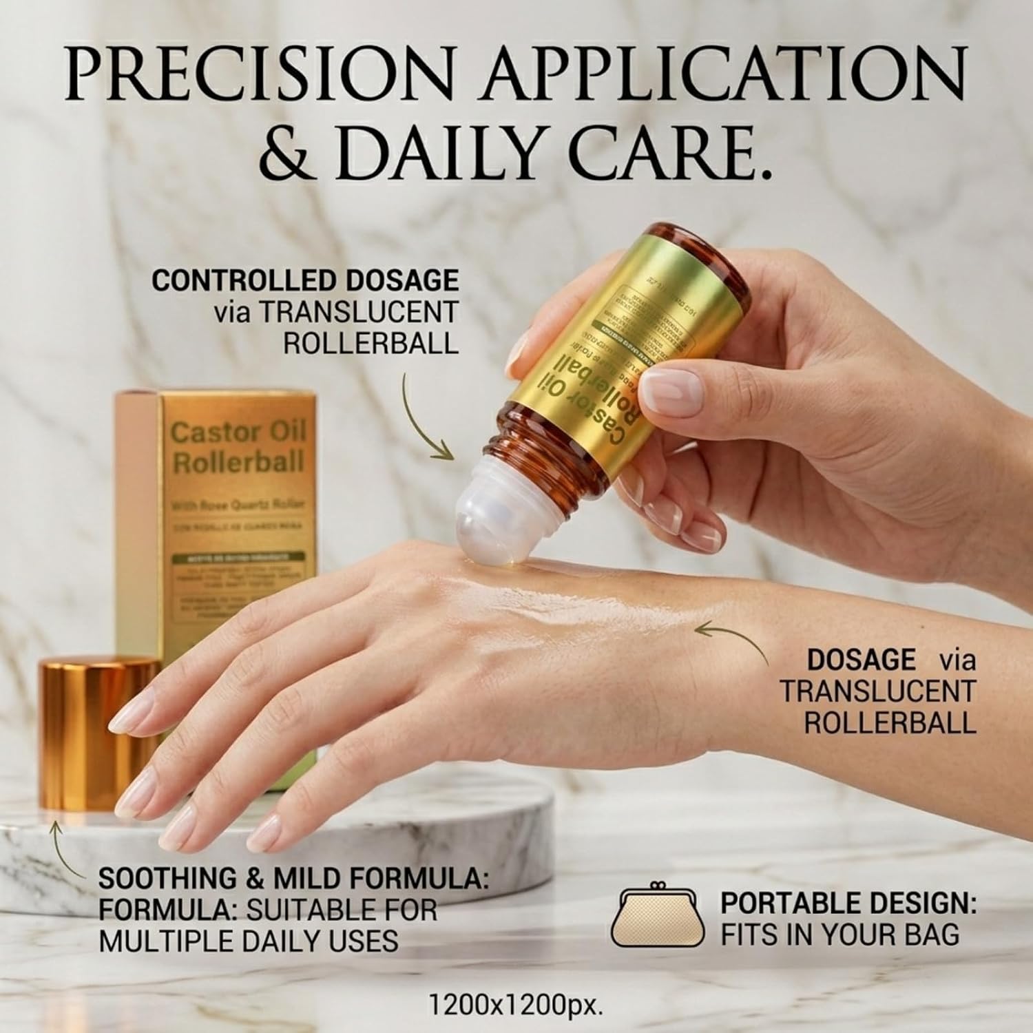Pure Castor Oil Roll On Rose Quartz Roller, Cold Pressed, Mess Free Hydrating Face Oil, for Brows Lashes and Dry Skin (3pcs, one)