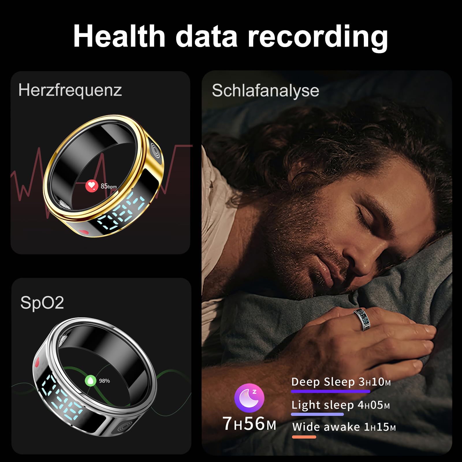 Smart Ring Touch - Bague de fitness - Pour homme et femme - Montre intelligente - Android iOS - Tracker de sommeil - Podomètre - Fréquence cardiaque - SpO2 - Étanche - Scrolling - Tracker d'activité