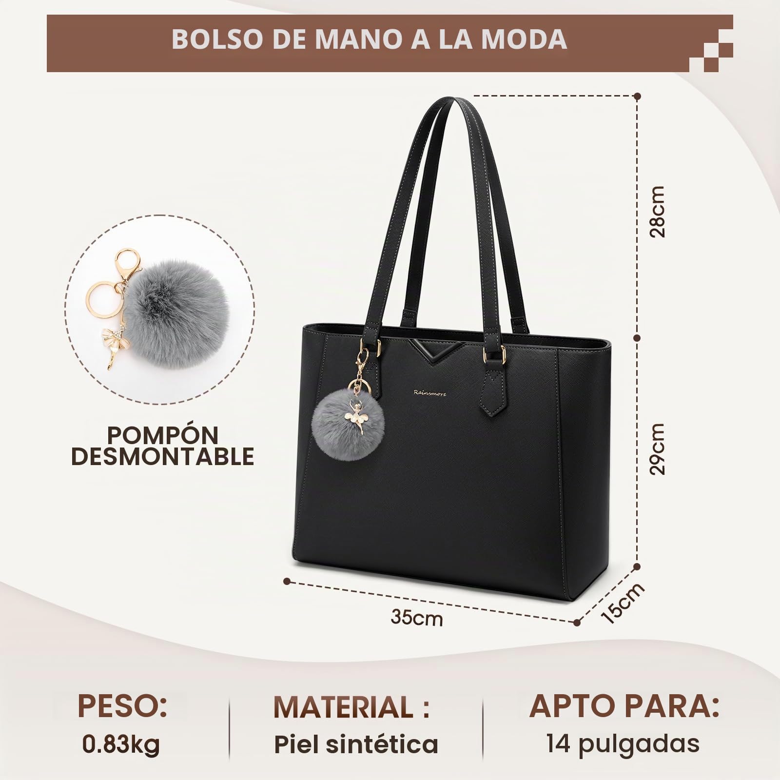 RAINSMORE Bolso Mujer Grande Bolso Universidad Impermeable Bolsos Shopper Tote Mujer para Portátil Cuero PU con Pompon Extraíble para Trabajo Escuela Viajes