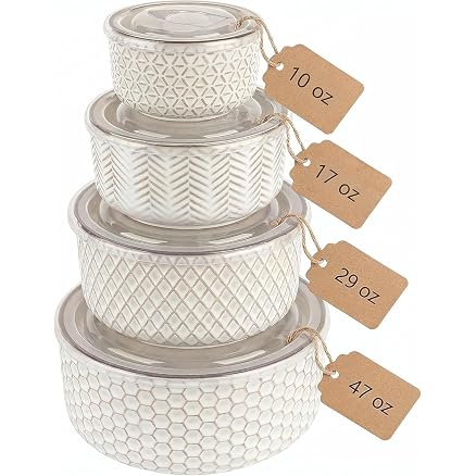 KooK Mixing Bowls, with Lids, Ceramic Nesting Bowls, Space Saving, Set of 4, Embossed, Kitchen, Prep, Stackable, Mix, Gift, Microwave and Dishwasher Safe, 16/29/47/70 oz, Narbonne Collection (Ivory)