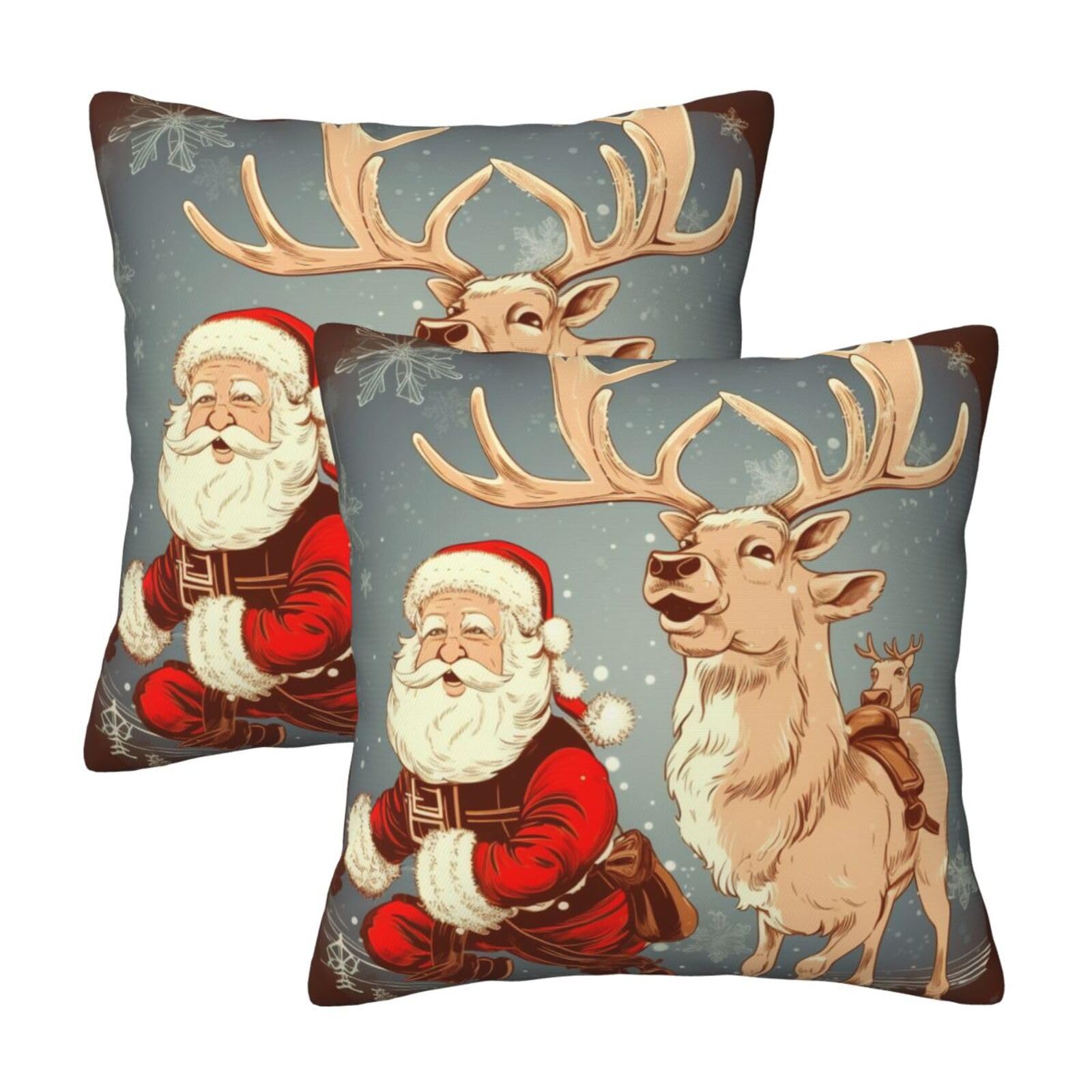 Santa Claus and Deer Elk Throw Pillow Cases 2 Pack Square Pillowcases Soft Pillow Protectors for Couch Livingroom Sofa Bed Office Car,40x40 CM