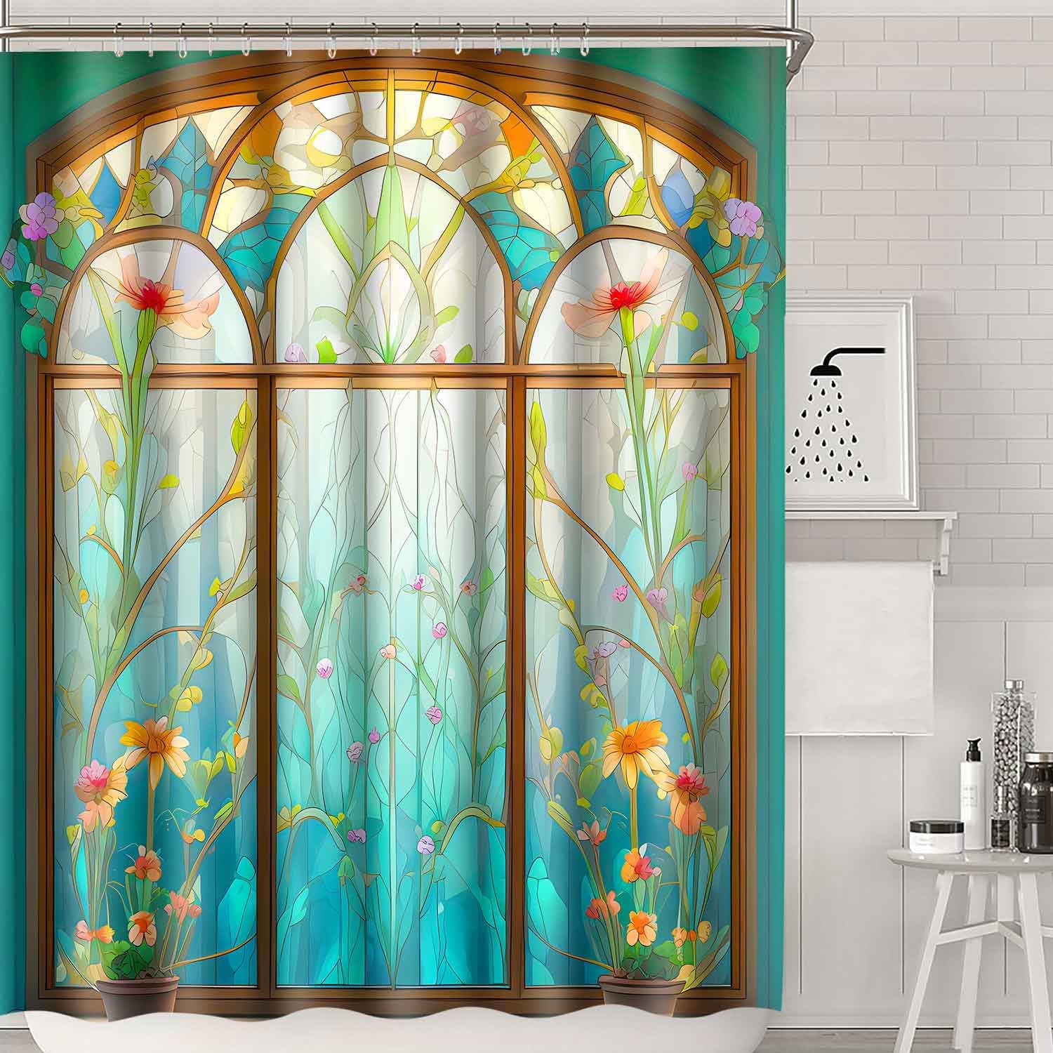 Boho Plant Floral Shower Curtain Church Style Stained Glass Bathroom Shower Curtains 72x78inch Fabric Washable Bathroom Decor with 12 Hooks