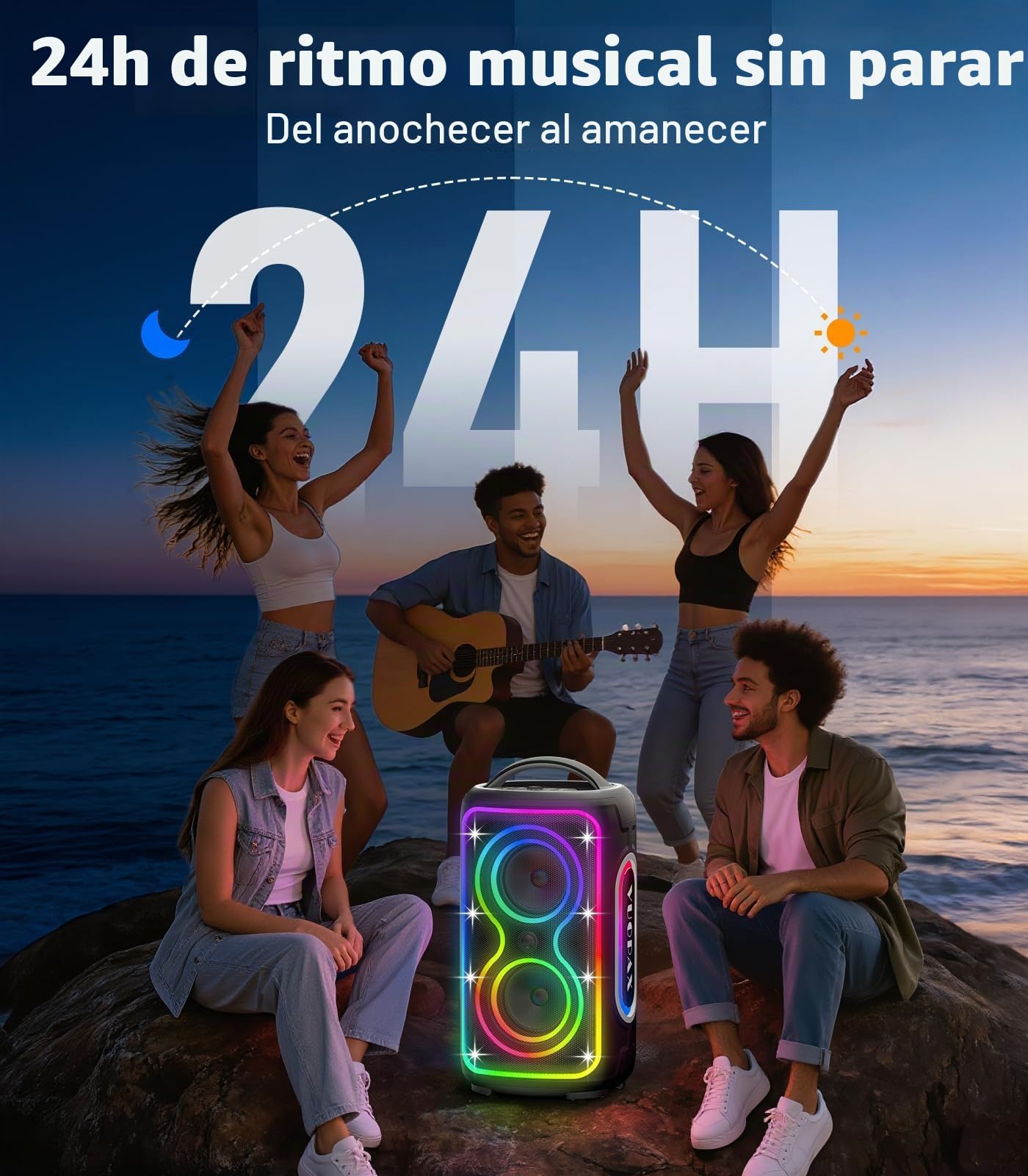 Altavoz Bluetooth Portátil,200 W Máx, Graves Potentes, IP65 | 24 h de autonomía, luces RGB, Bluetooth 5.4,TWS yUSB/TF/AUX/Mic para fiestas, camping y exteriores