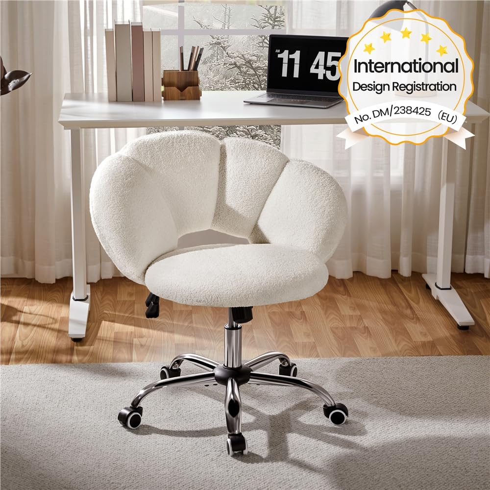 Yaheetech Silla de Escritorio Silla de Oficina Ergonómica sin Brazos Tapizada Blanca con Ruedas Giratorias Respaldo Diseño Nube en Tejido Bouclé Altura Ajustable