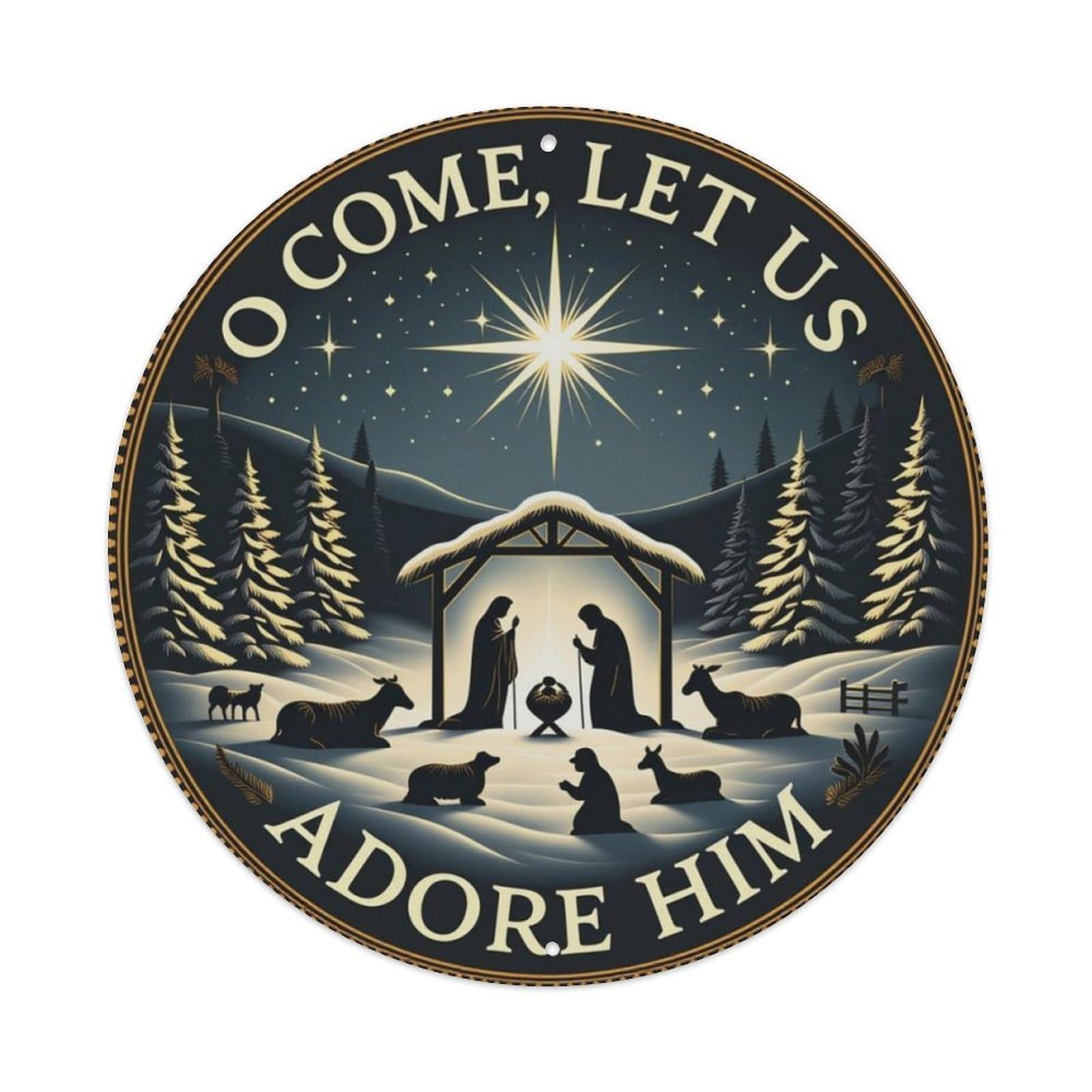 Christmas Nativity Religious Scene Round Decor Sign Vintage Aluminium Metal Sign, Retro Wall Decor for Home, Bar, Garage & Farmhouse 20x20cm