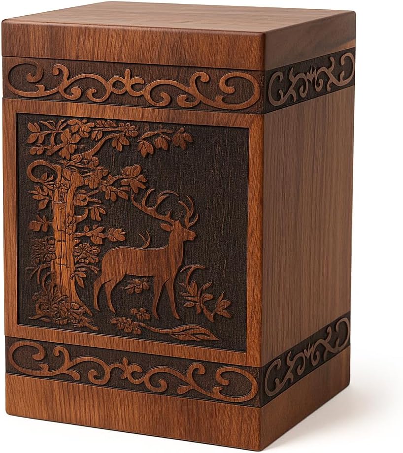 Wooden Cremation Urns Box for Human Ashes, Memorial Keepsake Boxes for Adults, Male/Female,Child, Pets Dog Cat Wood Burial Funeral Container (Deer) Urn, Capacity (Large (180 lbs- 82 kg))