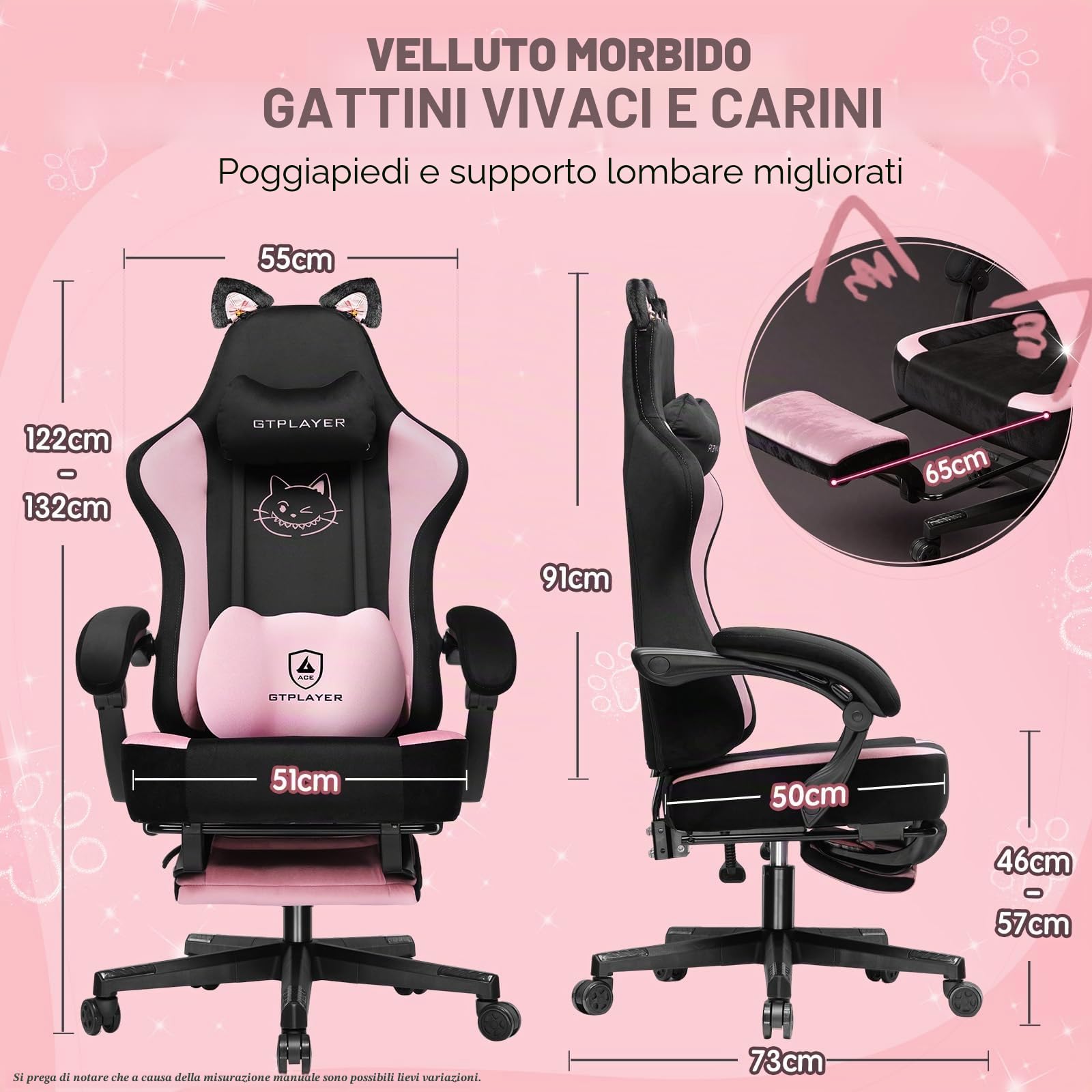 GTPLAYER - Sedia da gaming carina con tessuto in velluto, sedia da gaming, sedia da ufficio ergonomica con orecchie di gatto, memory foam e poggiapiedi, 150 kg, Rosa