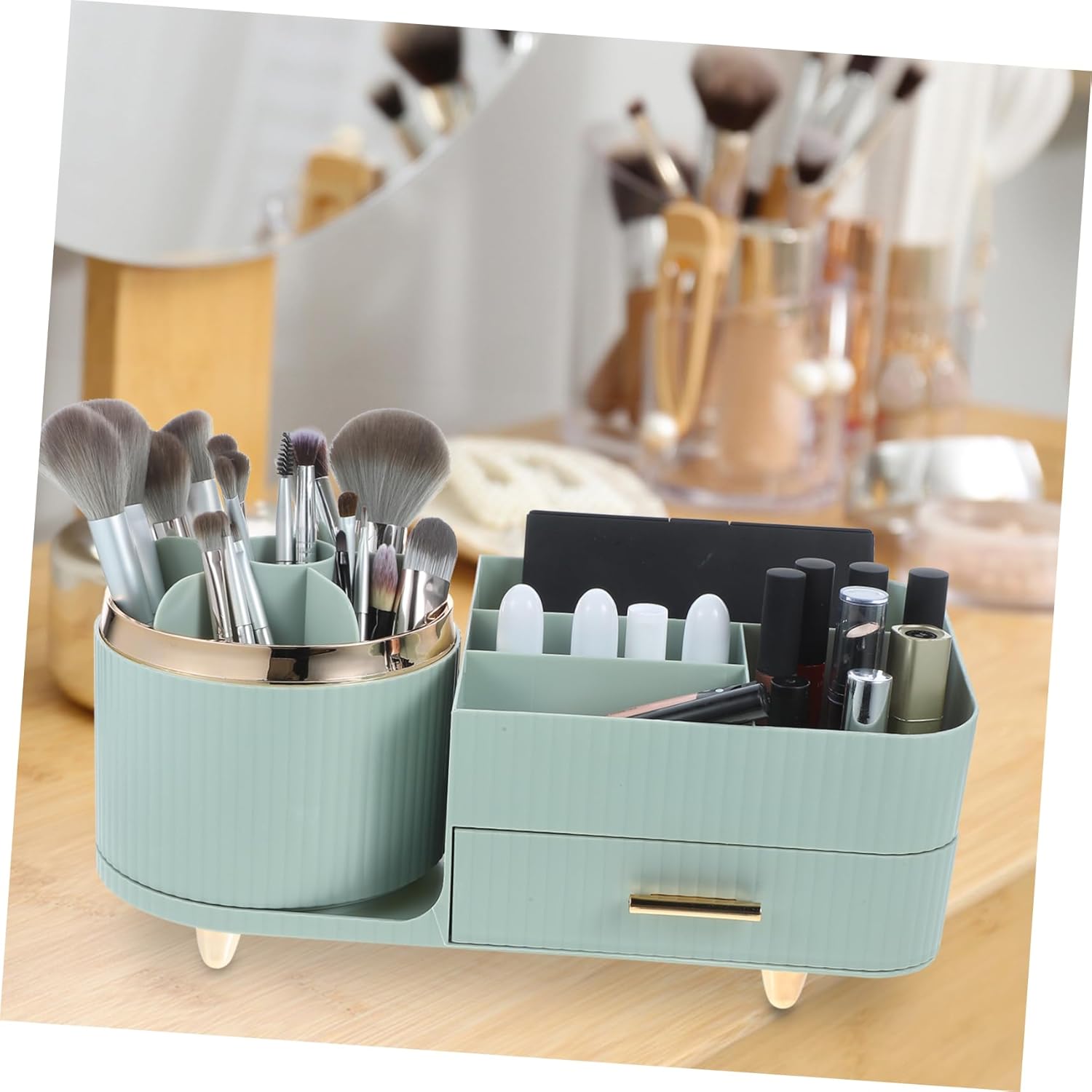 Cabilock Rotating Makeup Brush Organizer Design Large Capacity Cosmetic Display Case for Home Office and School Use Light Green