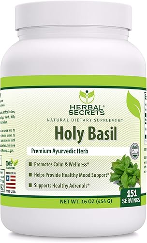 Herbal Secrets Suplemento en polvo de albahaca sagrada | 16.01 oz | Suplemento de 0.11 oz por porción | Sin OMG | Sin gluten | Fabricado en Estados