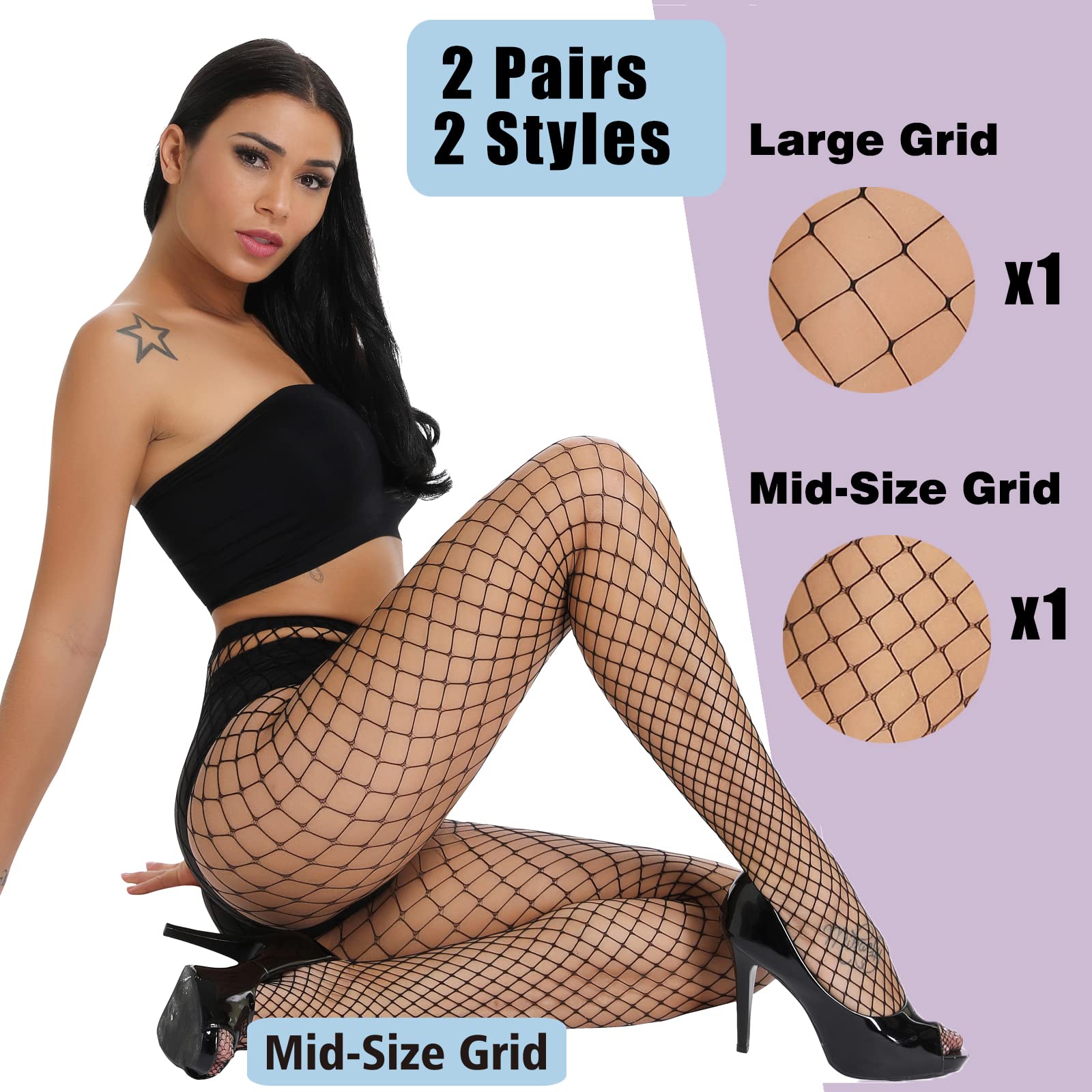 akiido Fishnet Stockings for Women, Black Fishnets Tights Thigh High Stockings Pantyhose, Plus Size Fits All: One Size Black04-2pairs-large&mid Grid