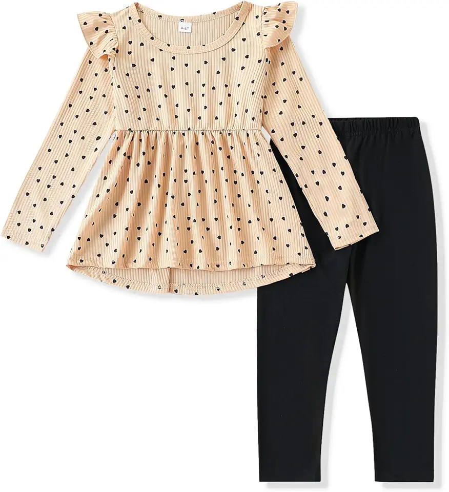 FJLSJSW Toddler Girl Clothes Ruffle Long Sleeve Heart Print Tops and Pants 2PC Little Girl Winter Outfits Size (4-7T)