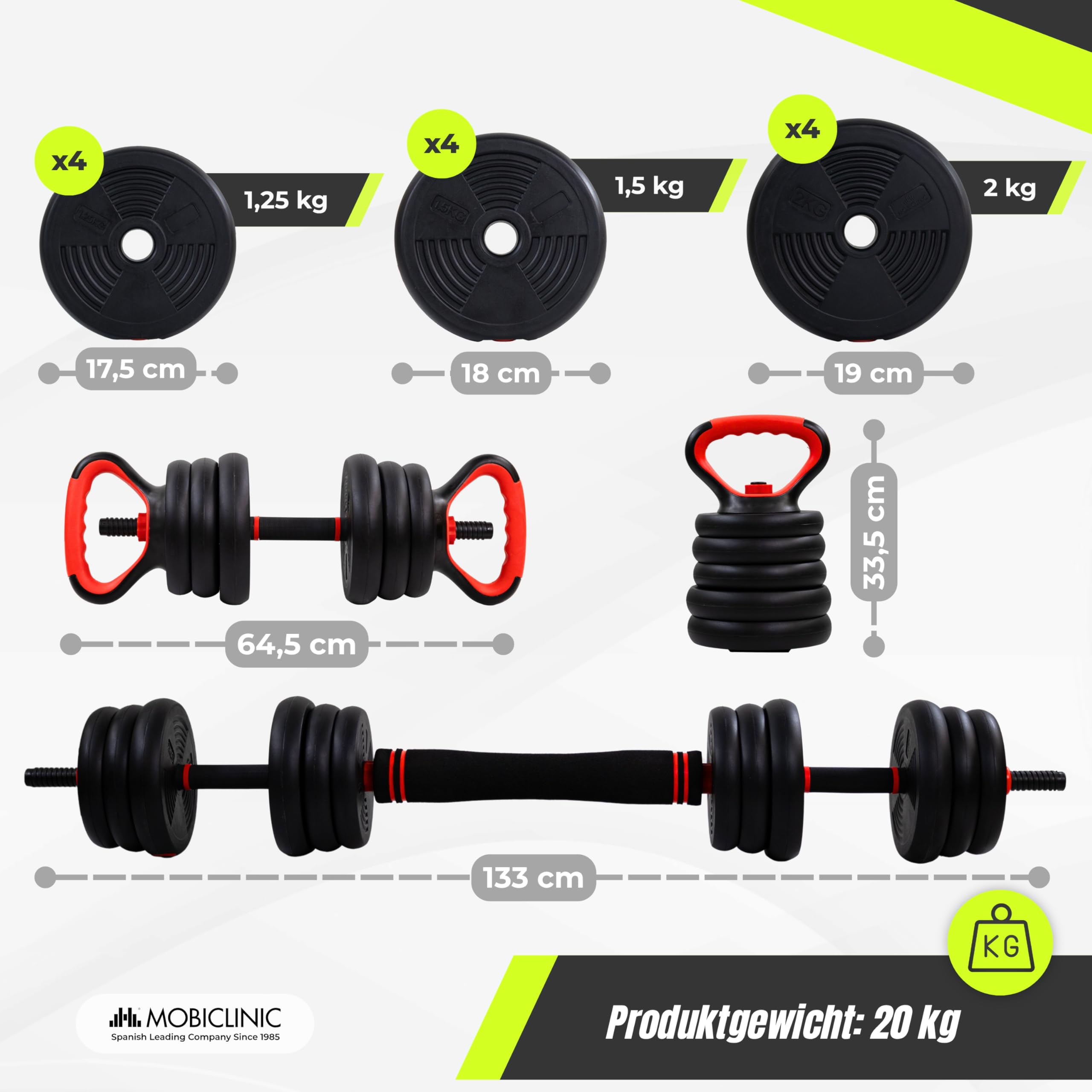 Mobiclinic®, Verstellbare Hanteln 20 kg, 4 in 1, Gewichtsset, Hanteln, Kugelhanteln und Liegestützständer, Verbindungsstange, Rutschfester Griff, Mobimax, Home Gym, Fitness