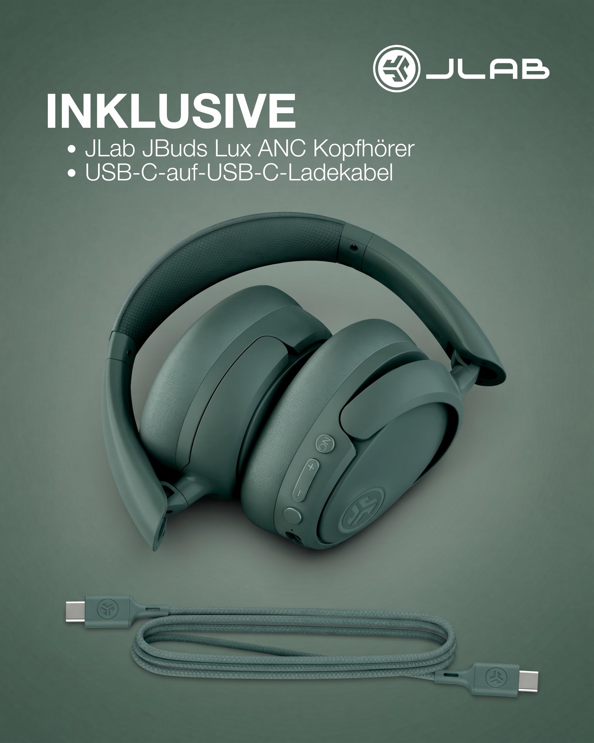 JLab JBuds LUX ANC Noise Cancelling Kopfhörer Over Ear Bluetooth kabellos mit Mikrofon und aktiver Geräuschunterdrückung, 70+ Std. Spielzeit, Faltbare Bluetooth Headphones, Immersive Audio, Salbei