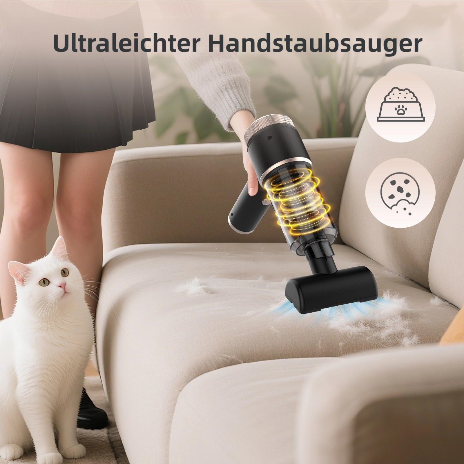 Handstaubsauger Mini, 5000mAh Akku USB-C, 380g leicht, 7 Aufsätze, 60dB leise, für Auto & Zuhause, mit Metallfilter + HEPA-Filter