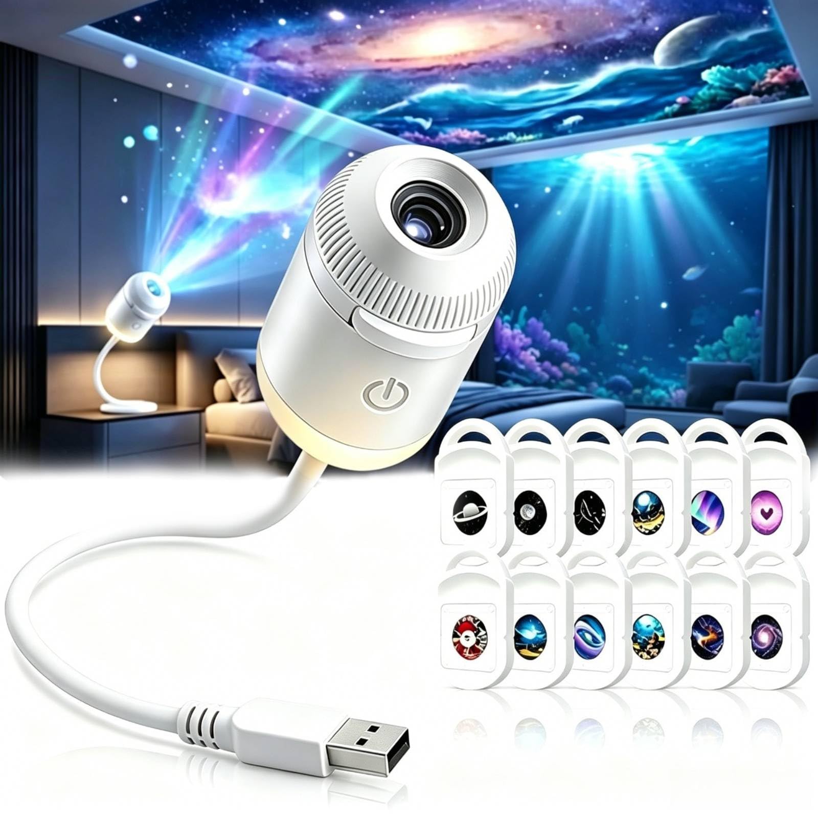 HD Smart Dynamic 5D Holographic Night Light Projector, Plug and Play HD Galaxy Star and Ocean Projector, 360 Rotating 2-in-1 Galaxy Projector Star Night Light for Celling