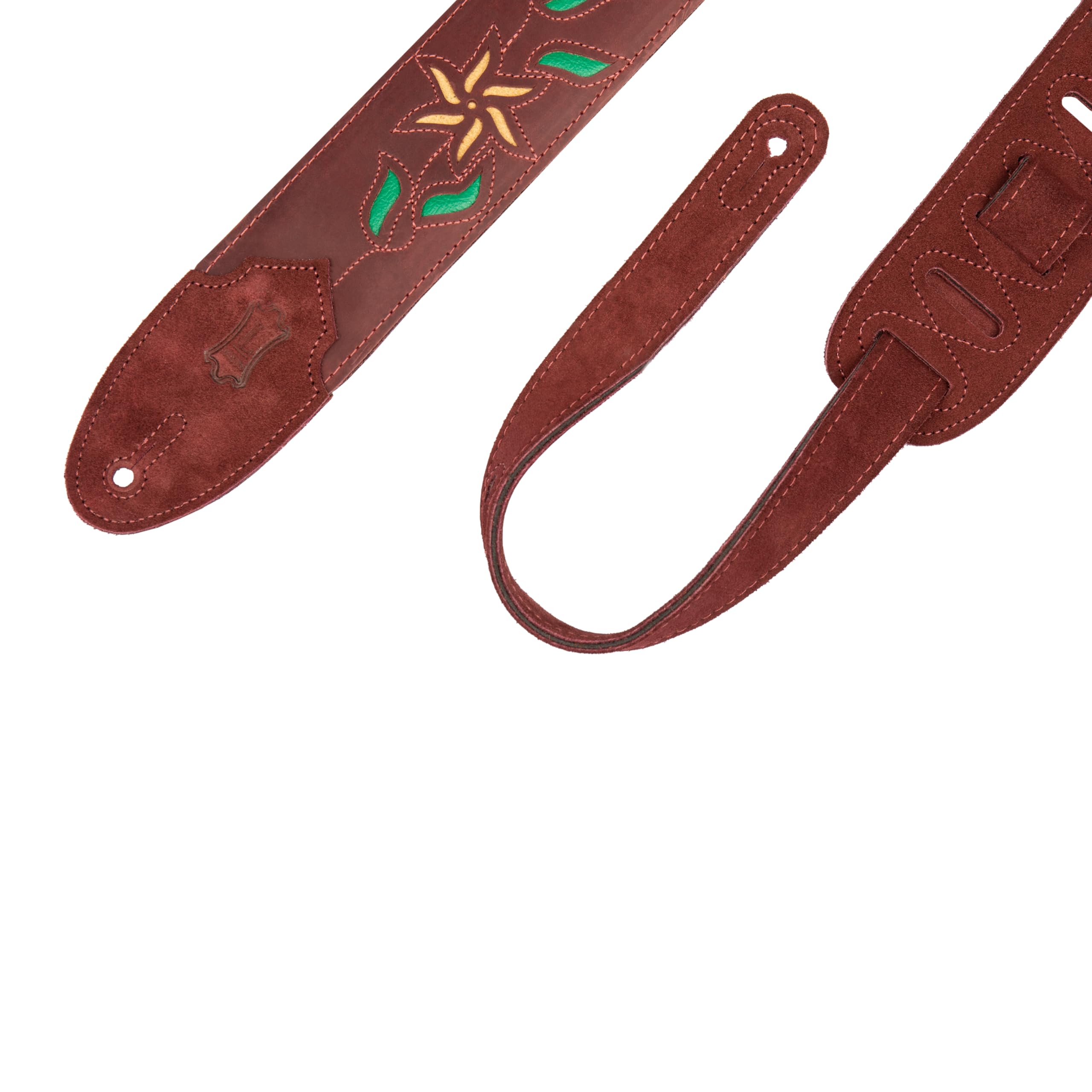 Levy's, M4FV-BRG_TAN Tracolla in Pelle Flowering Vine Series Burgundy 2.5", Retro in Pelle, Lunghezza Regolabile da 47" (119.38 cm) a 54" (137.16 cm), Colore Burgundy con Fiore Tan