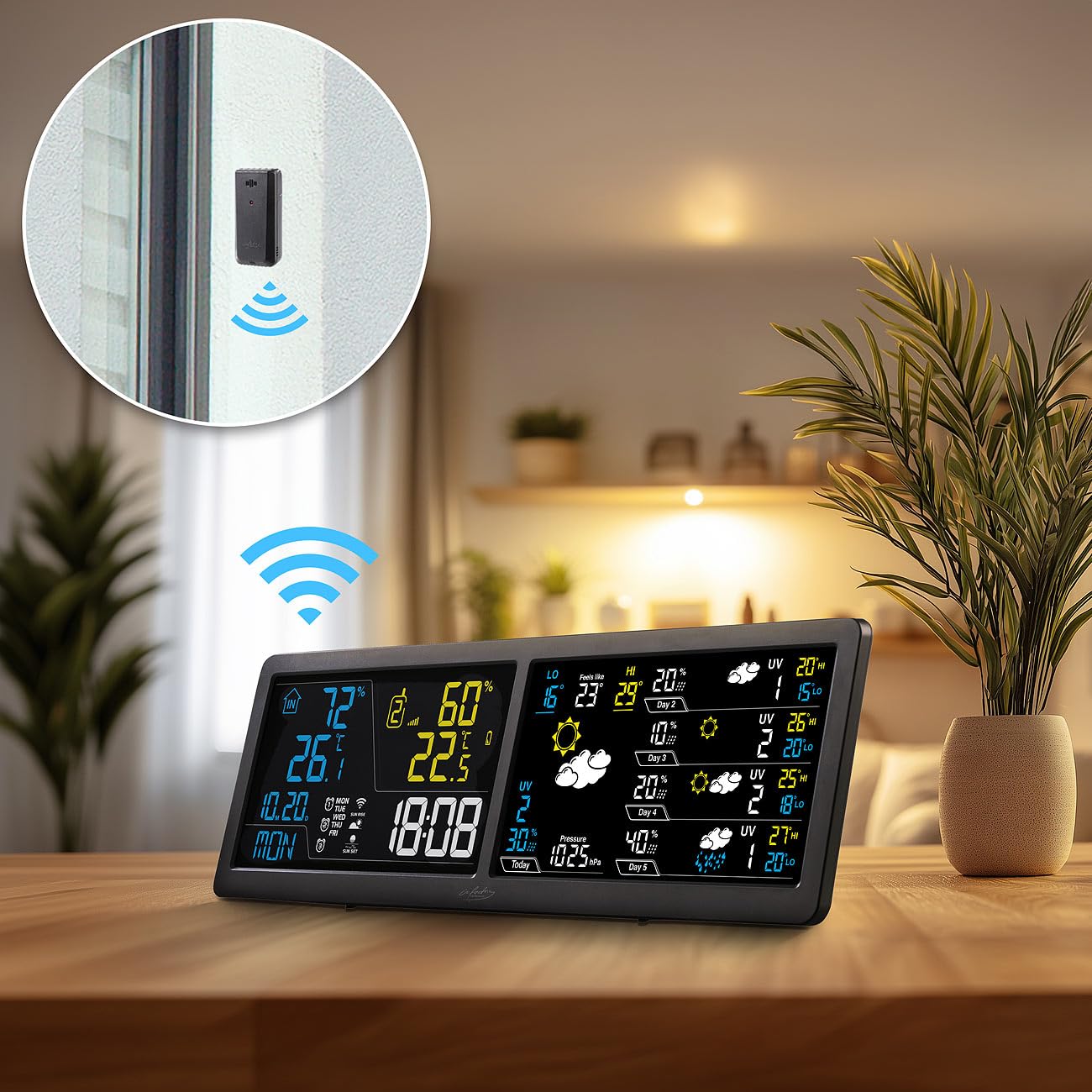 infactory Wanduhr: WLAN-Funk-Wetterstation mit Widescreen-VA-Display, Außensensor und App (Farbwetterstation, Luftfeuchtigkeitmessgerät, Frost)