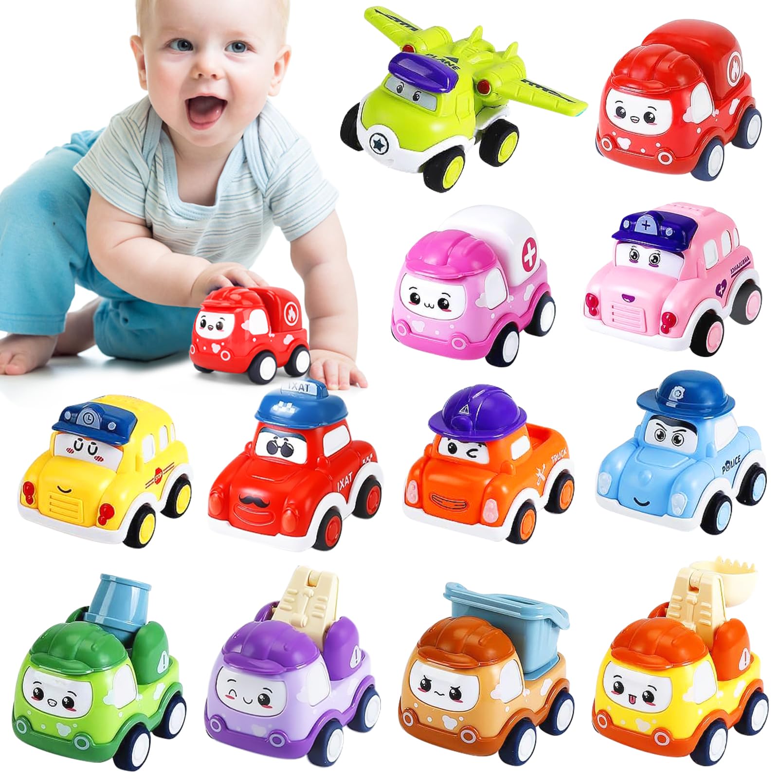 Aonuily Toddler Pull Back Toys Car, 12 Pcs Cute Cars Toys for Baby Kid Play Vehicles Party Bag Fillers Car Gift for 1 2 3 Year Old Boys Girls