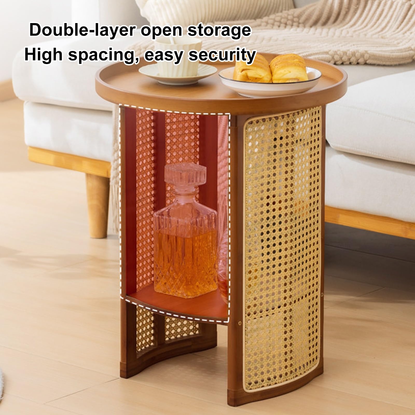 Okrągły, Rattanowy Stolik Kawowy w Stylu Japońskim, Stolik Kawowy z Tatami, Rama z Litego Drewna, Udźwig 80 Kg, do Sypialni i Salonów(Brown,45x56cm/18x22in)