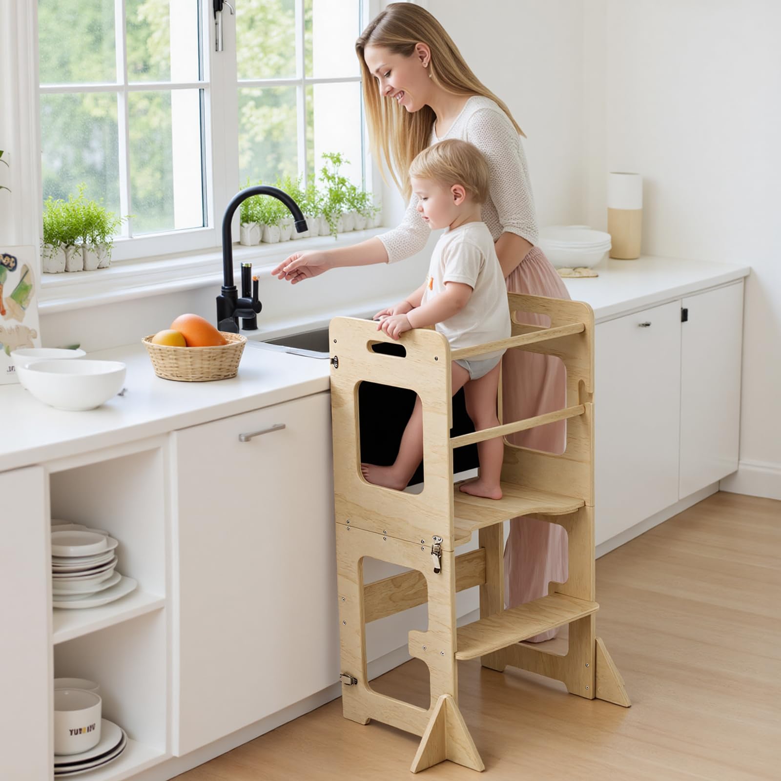 Labebe 4 in 1 Pieghevole Torre di Apprendimento Montessori per Bambini con Lavagna Nera Legno Anti-Ribaltamento 18 Mesi