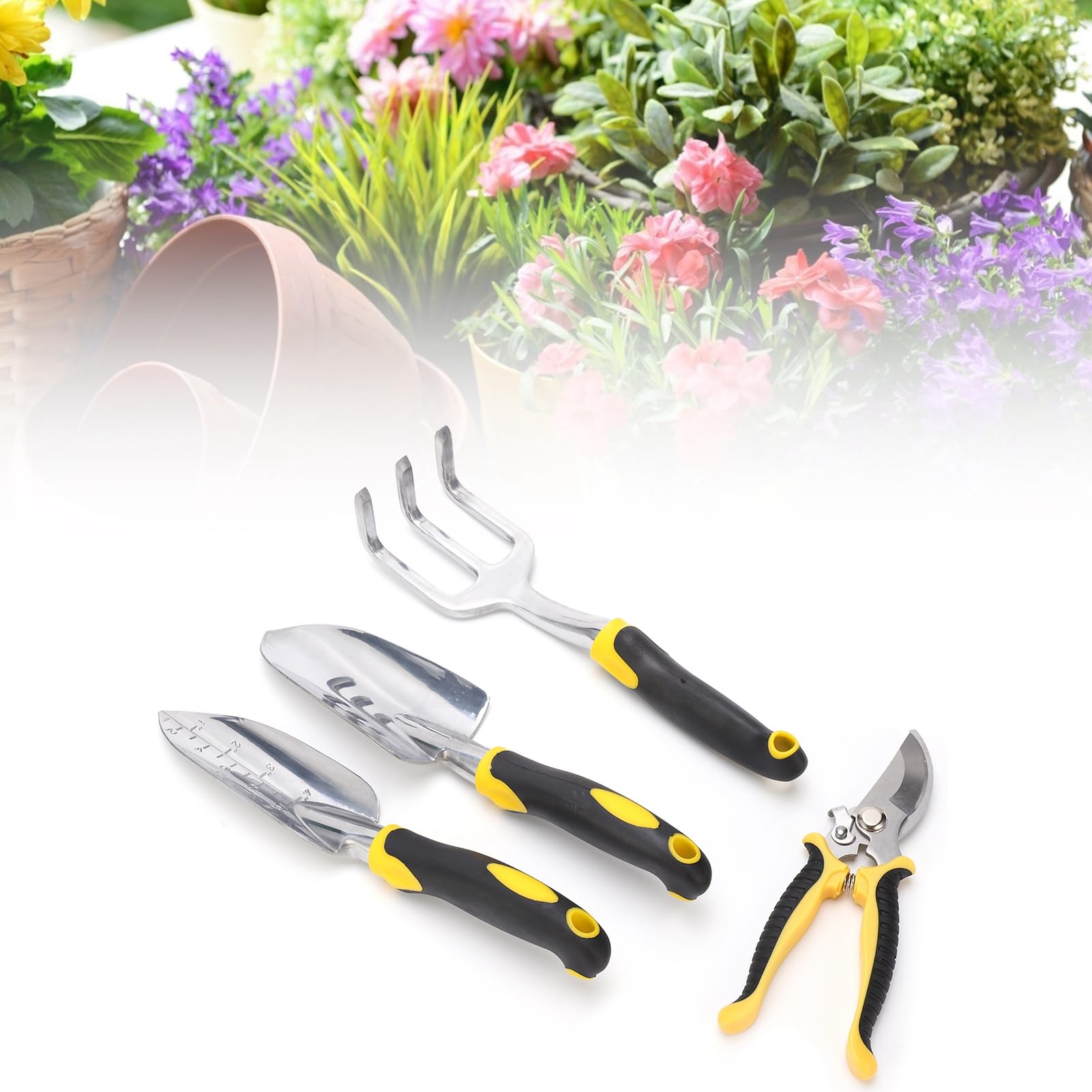 Kit de Herramientas de Jardinería, 5 Piezas de Podadora de Pala de Trasplante con de Madera Ergonómico con Cabezales de Aluminio Pulido de Alta Resistencia, para Plantar,