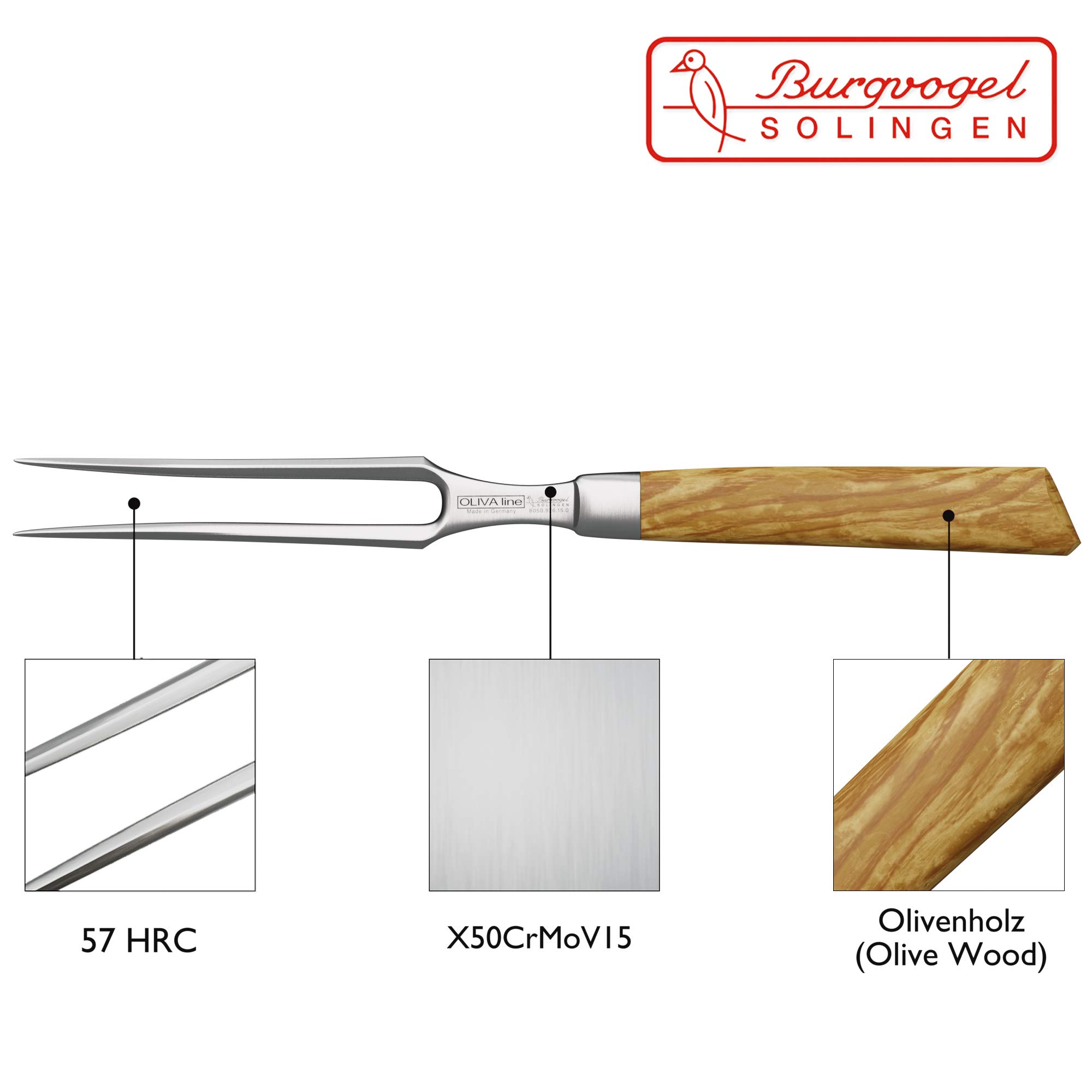 Burgvogel Solingen Fleischgabel 15 cm geschmiedet Olivenholz, Oliva Line, Grillgabel rostfrei, Wurstgabel, deutsche Tranchiergabel, Braun Beige, A 6“ = 15 cm, 8050.926.15.0