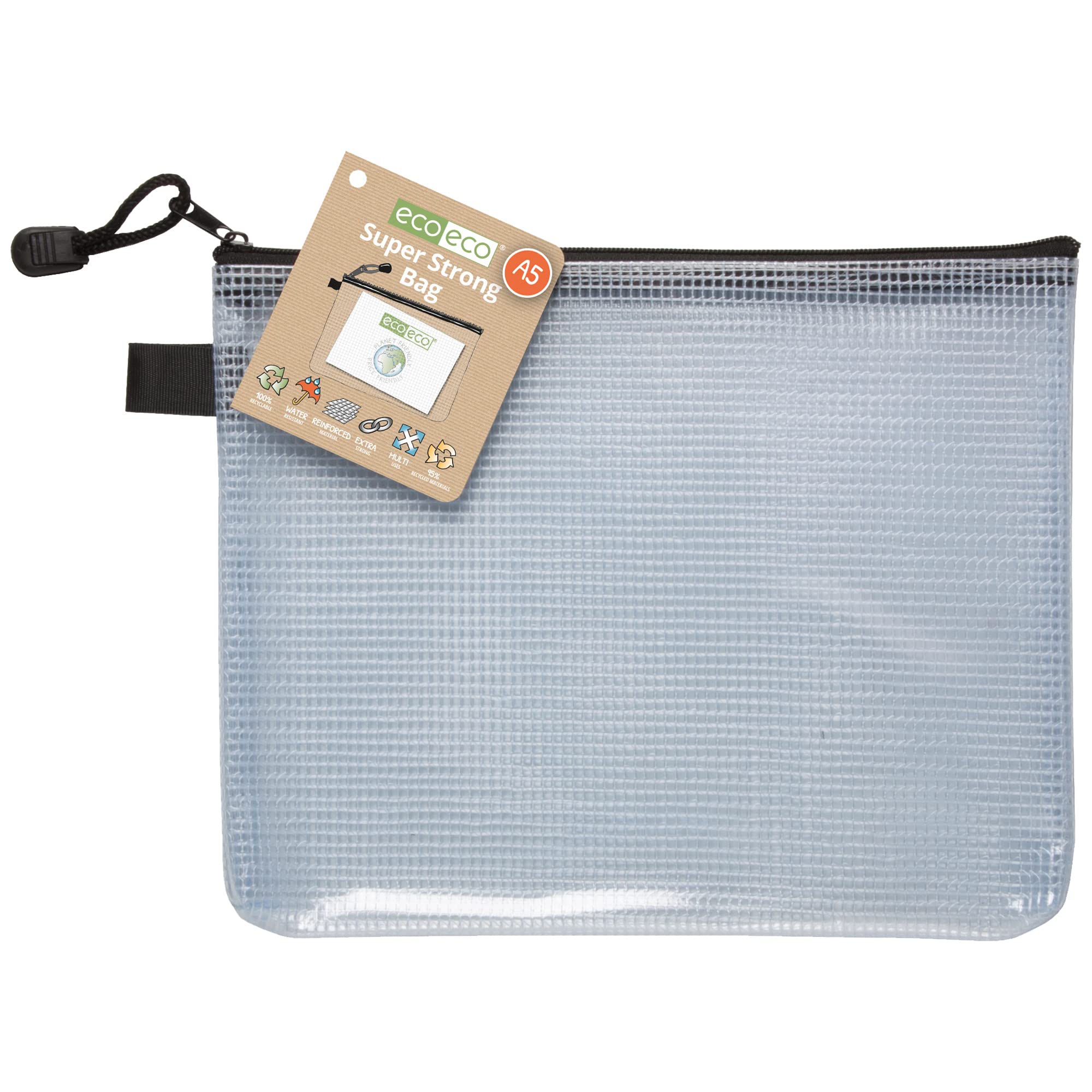 eco-eco A5 95% Recycled Super Strong Bag, Waterproof Mesh Tuff Bag, Reinforced, Black Zip Closure eco038 Clear