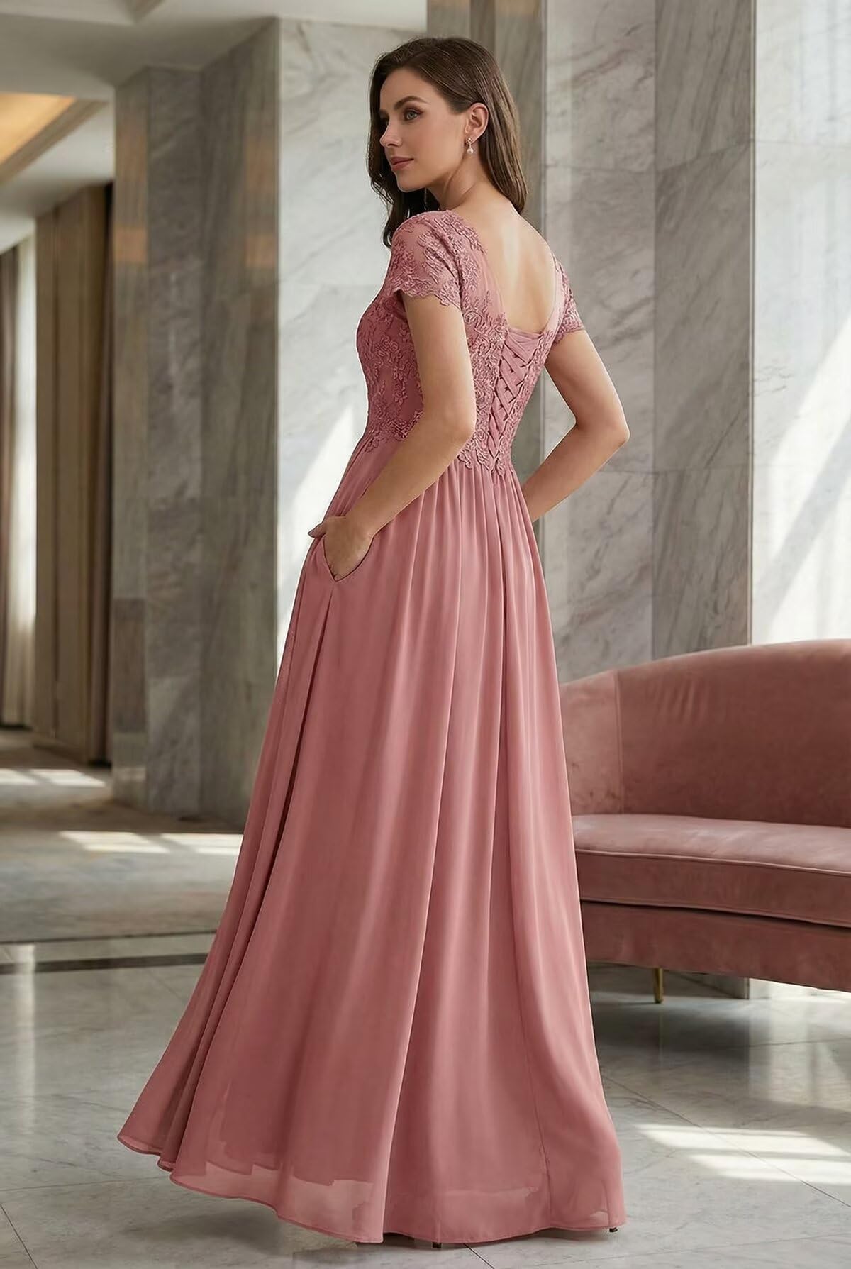 Brautmutterkleider für Hochzeit Elegant – Chiffon V-Ausschnitt A-Linie mit Spitze Lang Abendkleid