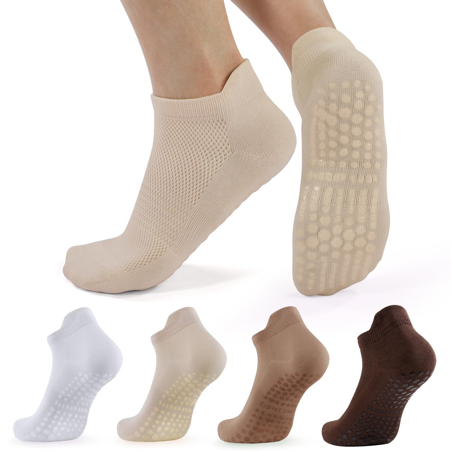 BUDERMMY 4 Paar Pilates Yoga Grip Socken für Frauen rutschfeste Slipper griffige Socken atmungsaktive Baumwolle Tanz-Trampolin Trainer Socken, Braun, 6-8