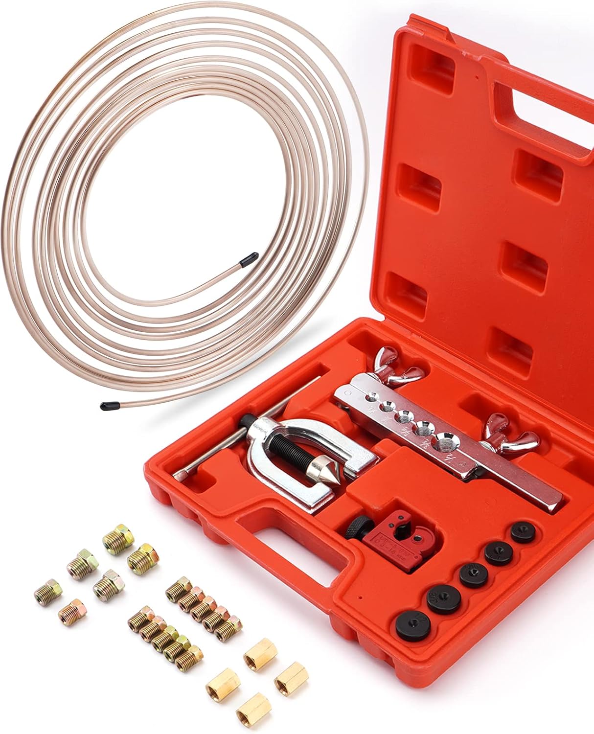 25 ft 3/16" Copper-Nickel Alloy Non-Magnetic Brake Line Kit (Includes 16 Fittings and 4 Unions Brake Line Fittings) + Brake Line Double & Single Flaring Tool Kit