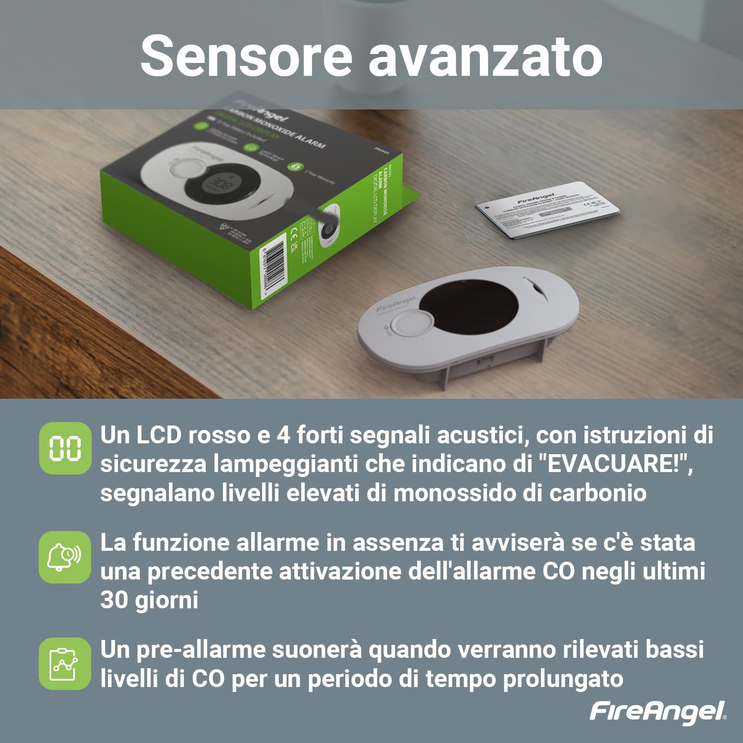 FireAngel Rilevatore Monossido di Carbonio – Rilevatore CO, Umidità, Temperatura FA3322 – Sensore Monossido di Carbonio per Casa e Viaggio