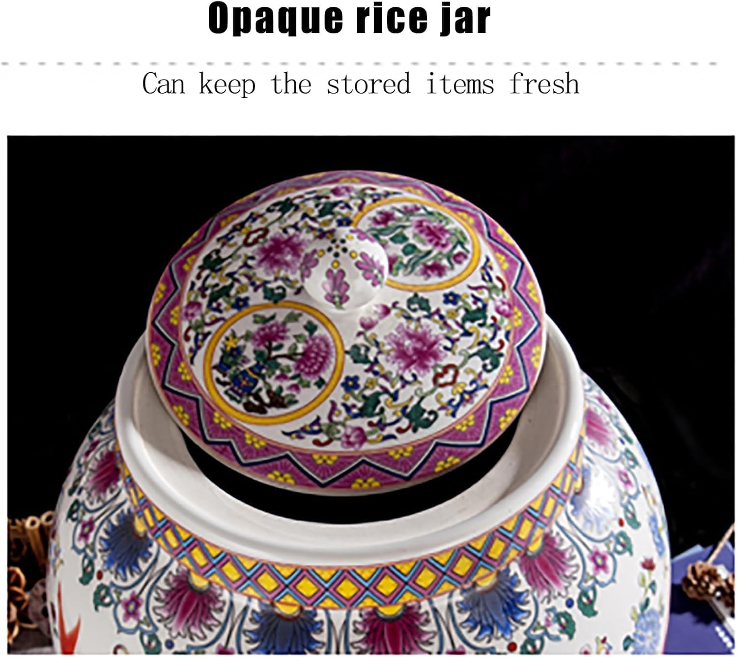 ELEFOCUS Chinese Design Ceramic Rice Bucket Grain Dispenser With Lid Household Rice Storage Box For Food 10kg Ceramic Grain Bucket(A,Capacity 25KG)