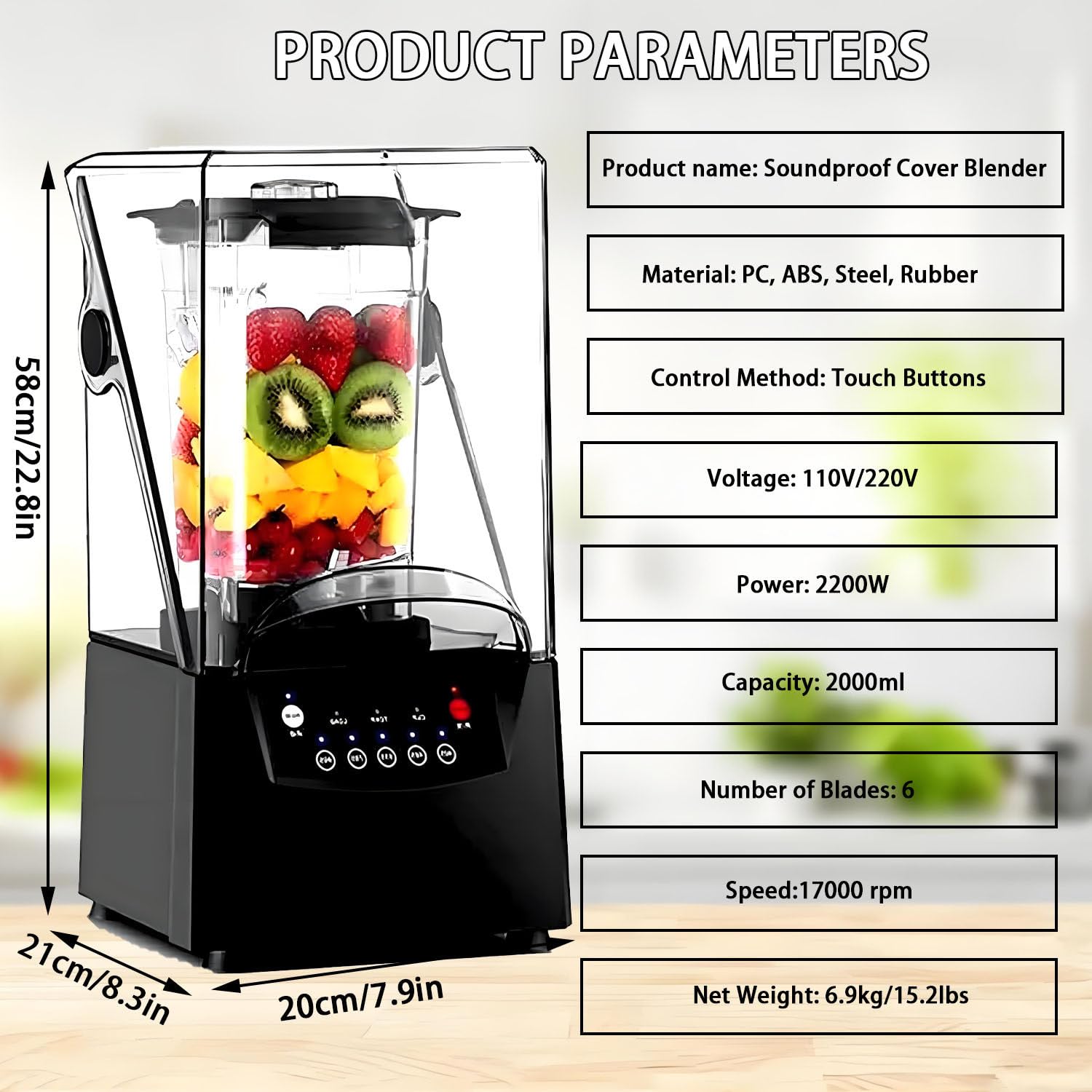 Potente batidora para Batidos, batidora al vacío de 2200 W, 5 velocidades, autolimpieza, batidora de Alta Velocidad de 17000 RPM, Ideal para triturar Hielo, Preparar Batidos y Smoothies. 220V