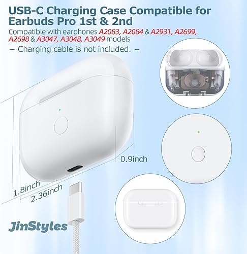 Miniatura 2 de Jinstyles Funda de carga de repuesto compatible con AirPods Pro de 1 y 2 generación, cargador inalámbrico USB-C con botón de sincronización de