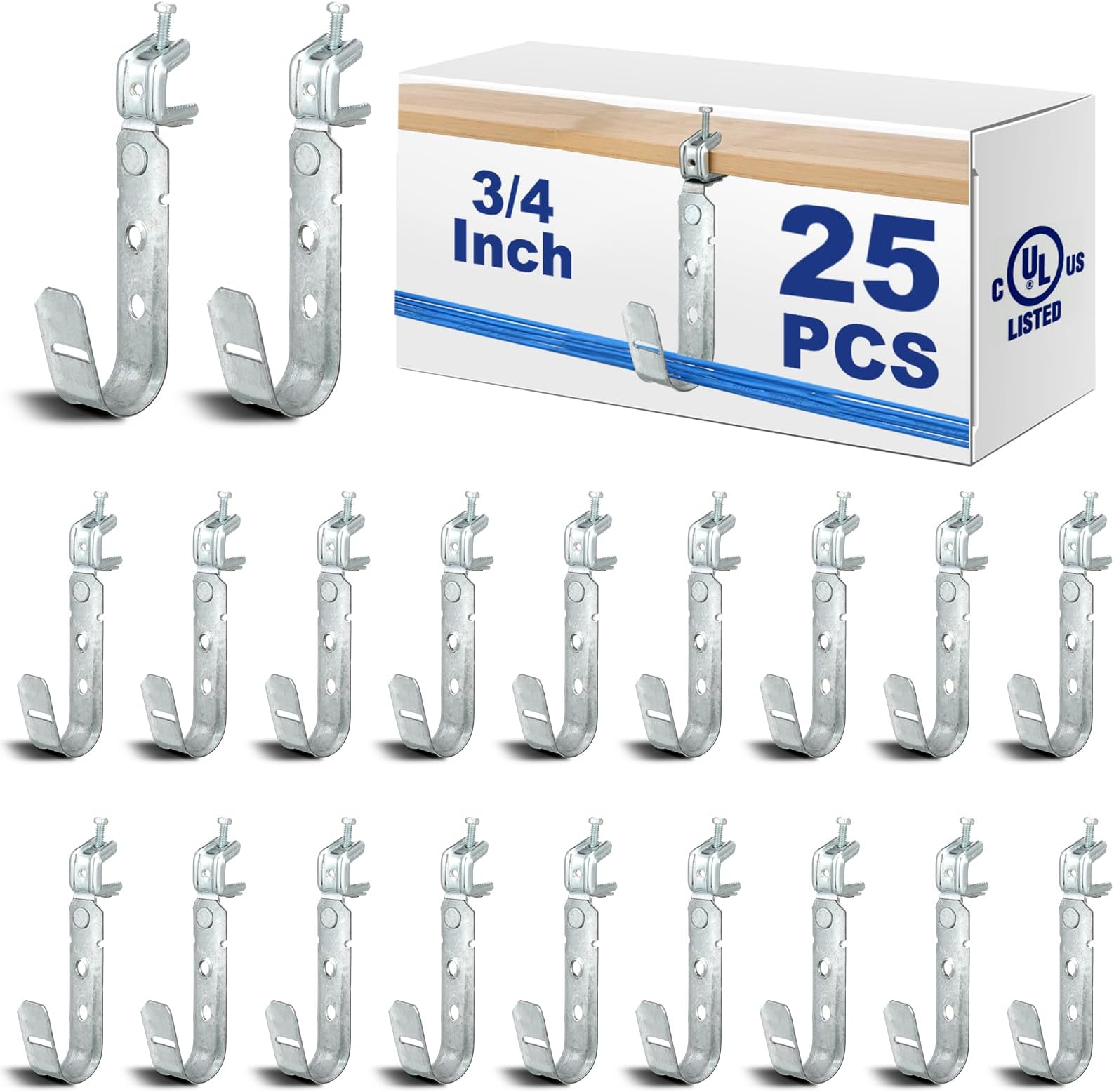 Tandefio 25 Pack Cable Support J Hook with Beam Clamp, Heavy Duty Metal Wire Cable Support J Hook Hangers for Wire Management(3/4 Inch)