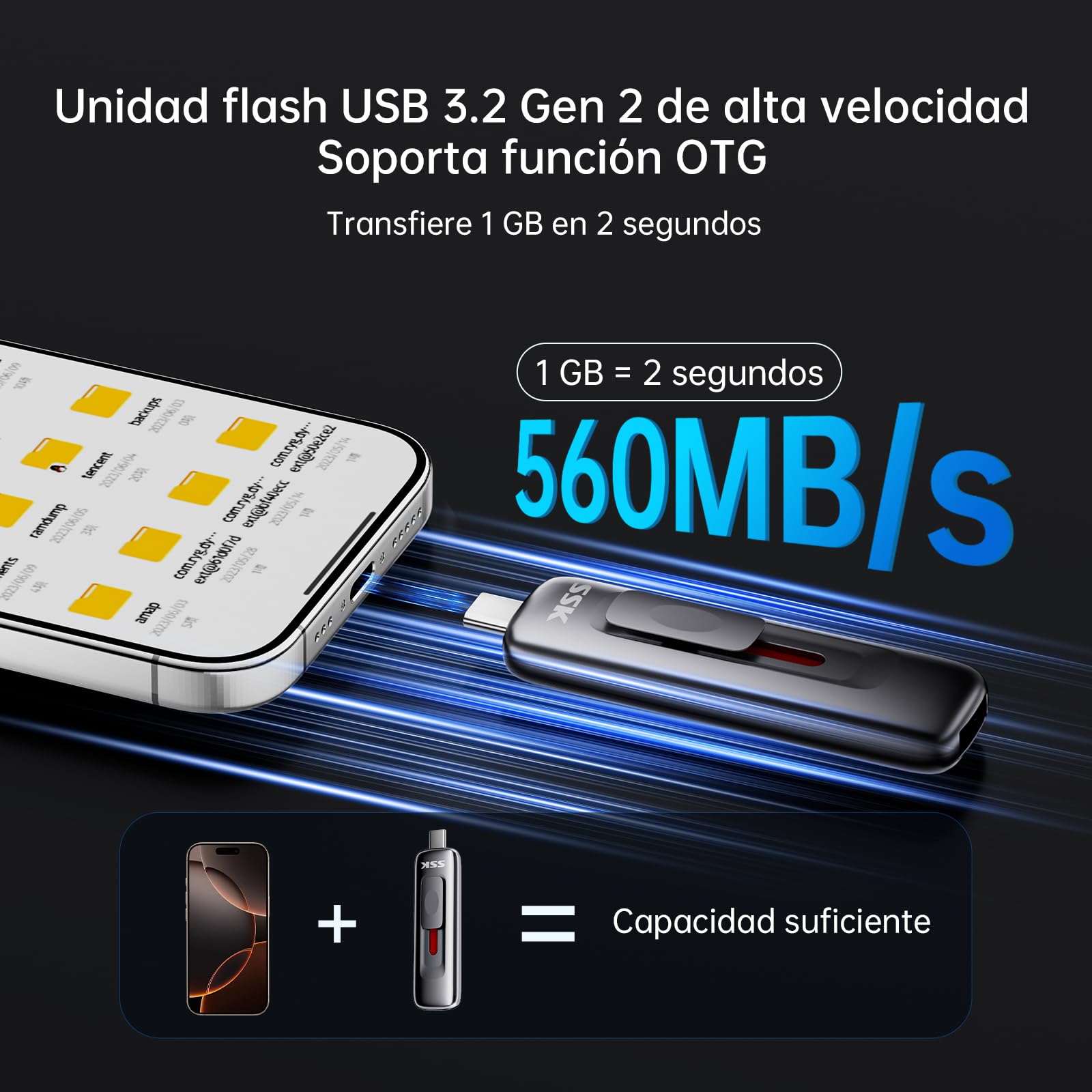 SSK 512 GB Disco Duro Externo ssd, Lectura hasta 560 MB/s, con Diseño Deslizante Dual-Drive Type-C + A, SSD Portátil USB3.2 Gen2 para iPhone 15/16/17/Android/Windows/TV