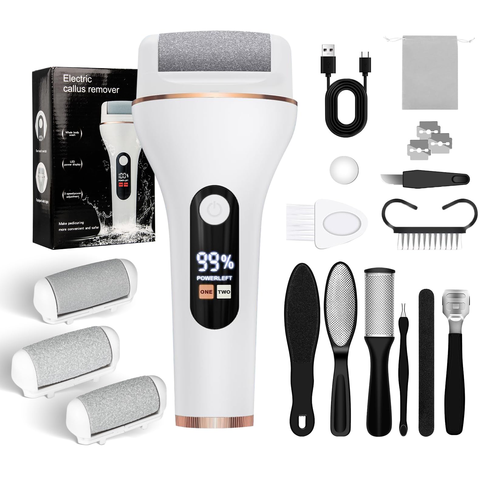 Lima Eléctrica para Pies Durezas, Pedicura Profesional IPX5 con 3 Rodillos, 2 Velocidades, Batería Litio 1200mAh y Kit 10 en 1, Blanco