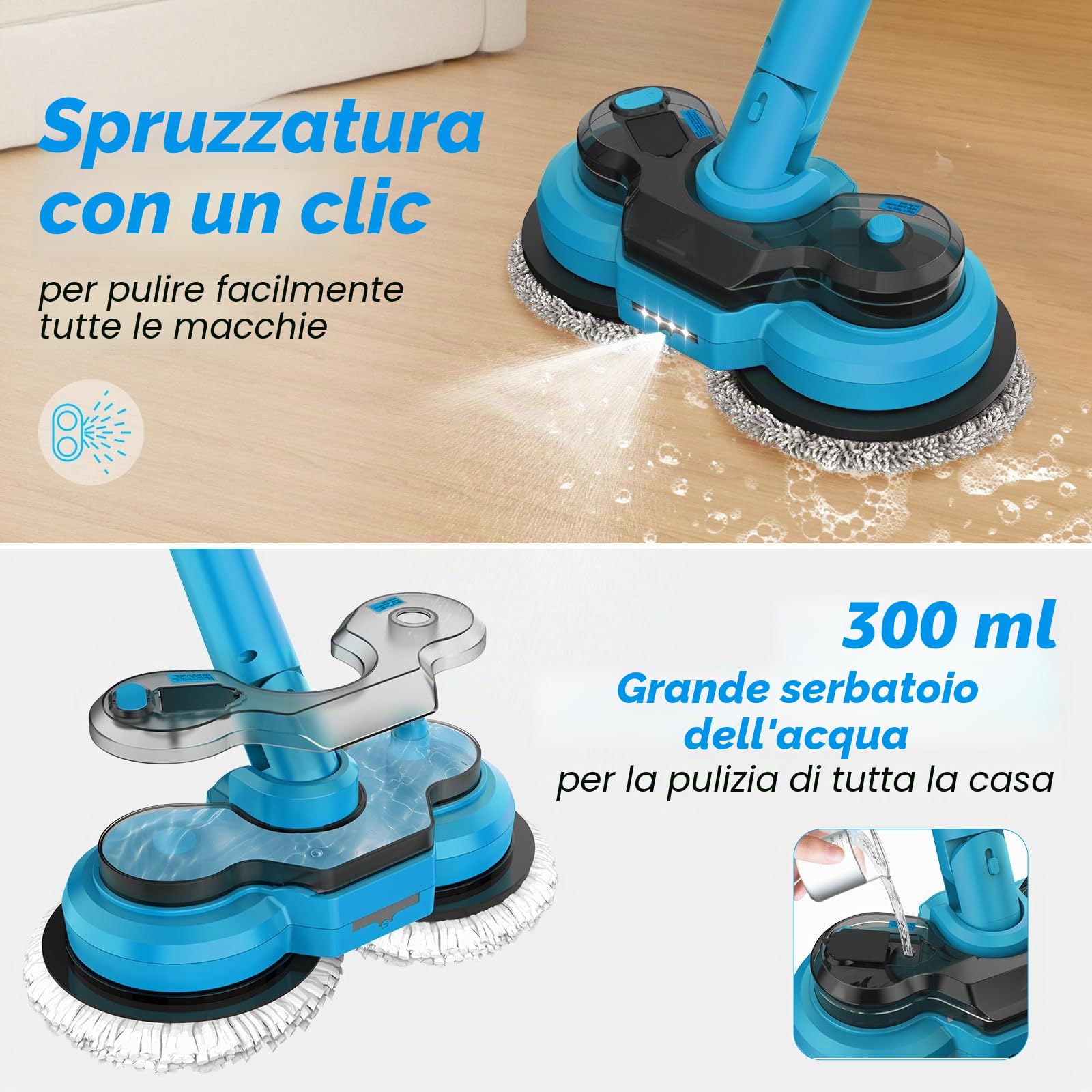 Mocio Elettrico Senza Fili con 2 batterie da 2000 mAh, Lavapavimenti Elettrico con Faro LED, 300 ML Serbatoio, lavapavimenti Mocio Lavapavimenti per Pavimenti in Legno Duro, Piastrelle e Laminato