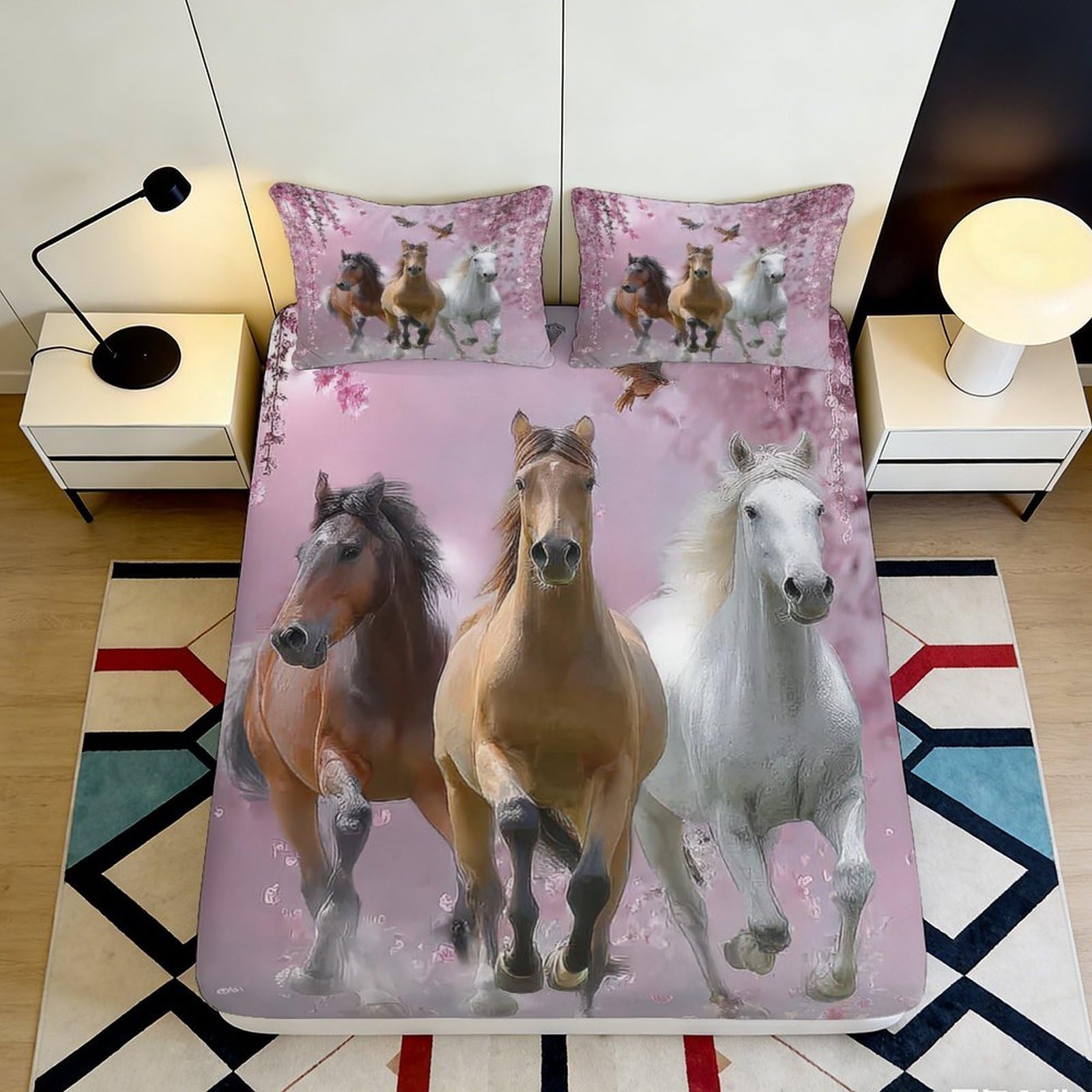 Jqzkxnhpbr Style-1 3D Printed Running Horses Fitted Sheet Microfiber Soft Non-Slip Wild Meadow Bed Cover For Bedroom Guestroom 90X200x25cm