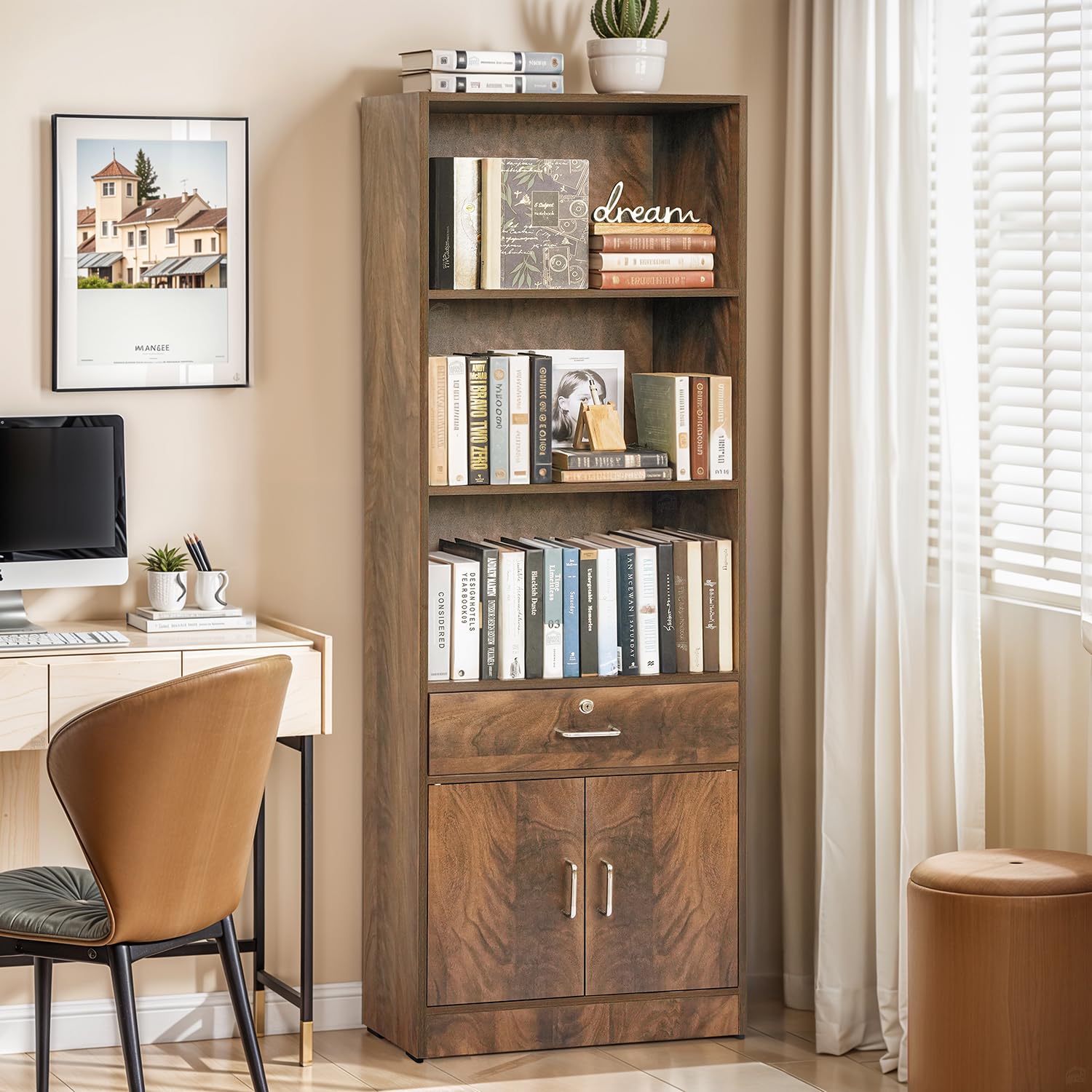 ABOUT SPACE 6 ft Book Shelf - Wooden Book Rack with 3 Open Shelves, 1 Lockable Drawer & 1 Closed Cabinet with Magnetic Door, Easy to Assemble Display Cabinet for Home (Walnut- L 57 x B 30 x H 179cm)-image-47