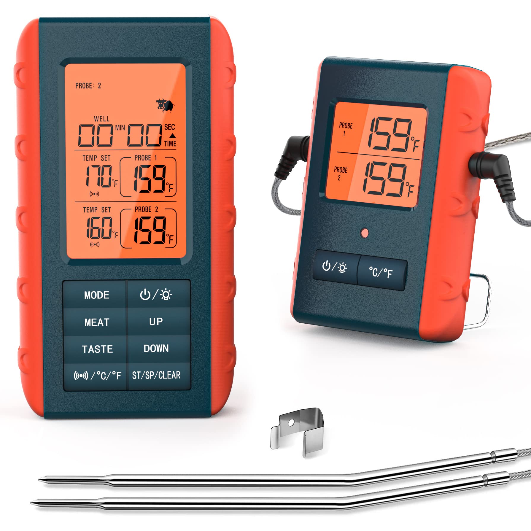 Domary Thermomètre à Viande Fil avec 2 Sondes, Portée de 100M/328 Pieds, Thermomètre de Cuisson Numérique pour Griller, Fumeur, Four, Barbecue